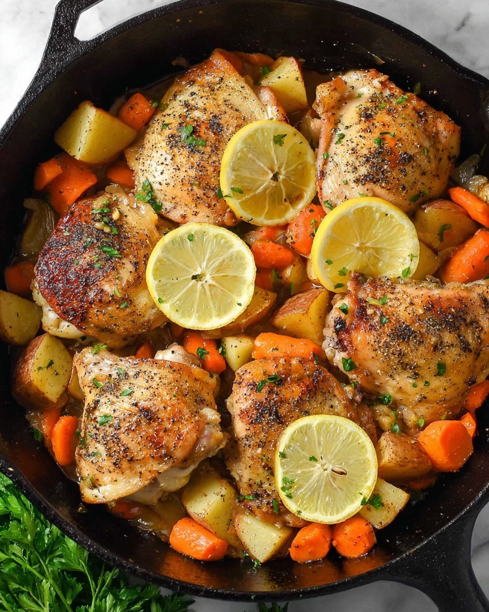 The image shows a black cast iron pan filled with six golden-brown roasted chicken pieces, each topped with black pepper and small bits of green herbs. Underneath and between the chicken pieces are thick, unevenly shaped chunks of orange carrots and light brown potatoes. Four thin yellow lemon slices are placed on top of the chicken, adding a bright contrast. The pan is set on a white marbled surface, with small green bits of parsley scattered throughout the dish. The overall look is warm, rustic, and hearty photo taken with an iphone --ar 4:5 --v 7
