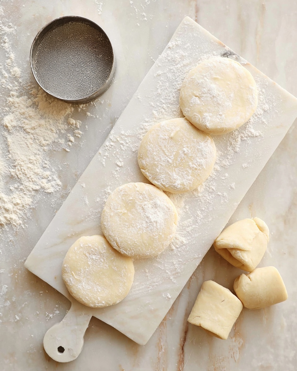 A top view of a white marbled cutting board placed on a white marbled surface, showing four round, flat dough pieces dusted lightly with flour neatly arranged on the board's right side. Around the board are several small, rolled dough pieces, some resting on the surface and some leaning slightly, displaying a smooth, pale beige color. A metal round dough cutter sits near the top left, with some flour scattered across the surface, giving a soft texture to the scene. photo taken with an iphone --ar 4:5 --v 7