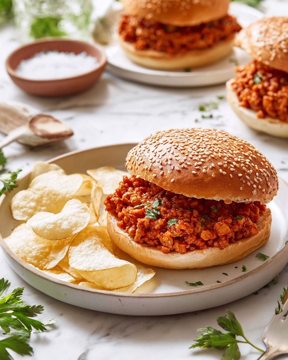 A sandwich is shown on a white plate with a sesame seed bun. The bottom half holds a thick layer of reddish minced mixture with visible small pieces, looking moist and textured, some green herb pieces are scattered on top. The top bun is slightly lifted, showing the filling clearly. On one side of the sandwich, there are light golden, thin potato chips with some chips slightly curled. The background shows a similar plate with a full sandwich, a small bowl of coarse salt, and some green parsley leaves scattered on a white marbled surface. Photo taken with an iphone --ar 4:5 --v 7