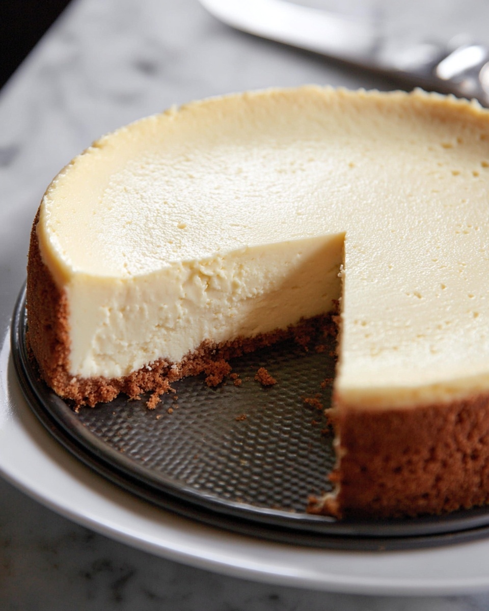 A round cheesecake with two clear layers is shown. The top layer is thick, light cream colored with a smooth and creamy texture, and it takes up most of the cake. The bottom layer is thinner, brown, and crumbly, serving as the crust. One large slice is missing, revealing the inside. The cake sits on a dark metal pan with a dotted texture, placed on a white plate. The background is a white marbled surface. Photo taken with an iphone --ar 4:5 --v 7