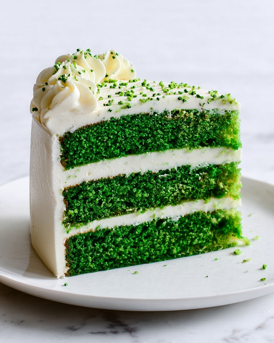 A three-layer cake with bright green sponge separated by thin white cream layers. The outside is covered with smooth white frosting, and the top edge has whipped white cream swirls with small green sprinkles. The cake sits on a white plate, placed on a white marbled surface. Photo taken with an iphone --ar 4:5 --v 7