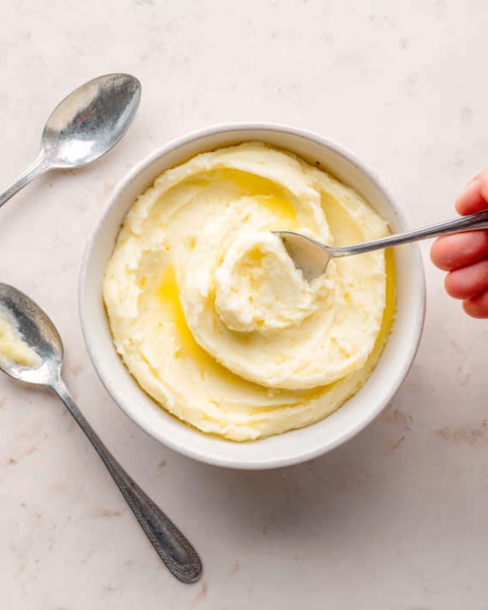 The image shows a close-up of a small white bowl filled with smooth, creamy mashed potatoes that have swirls and soft peaks on the surface. A silver spoon is dipped into the mashed potatoes, resting inside the bowl, with a woman’s hand holding the spoon. Another spoon lies next to the bowl on the white marbled surface. The mashed potatoes are light yellow with a silky texture, and the overall scene is bright and simple. Photo taken with an iphone --ar 4:5 --v 7