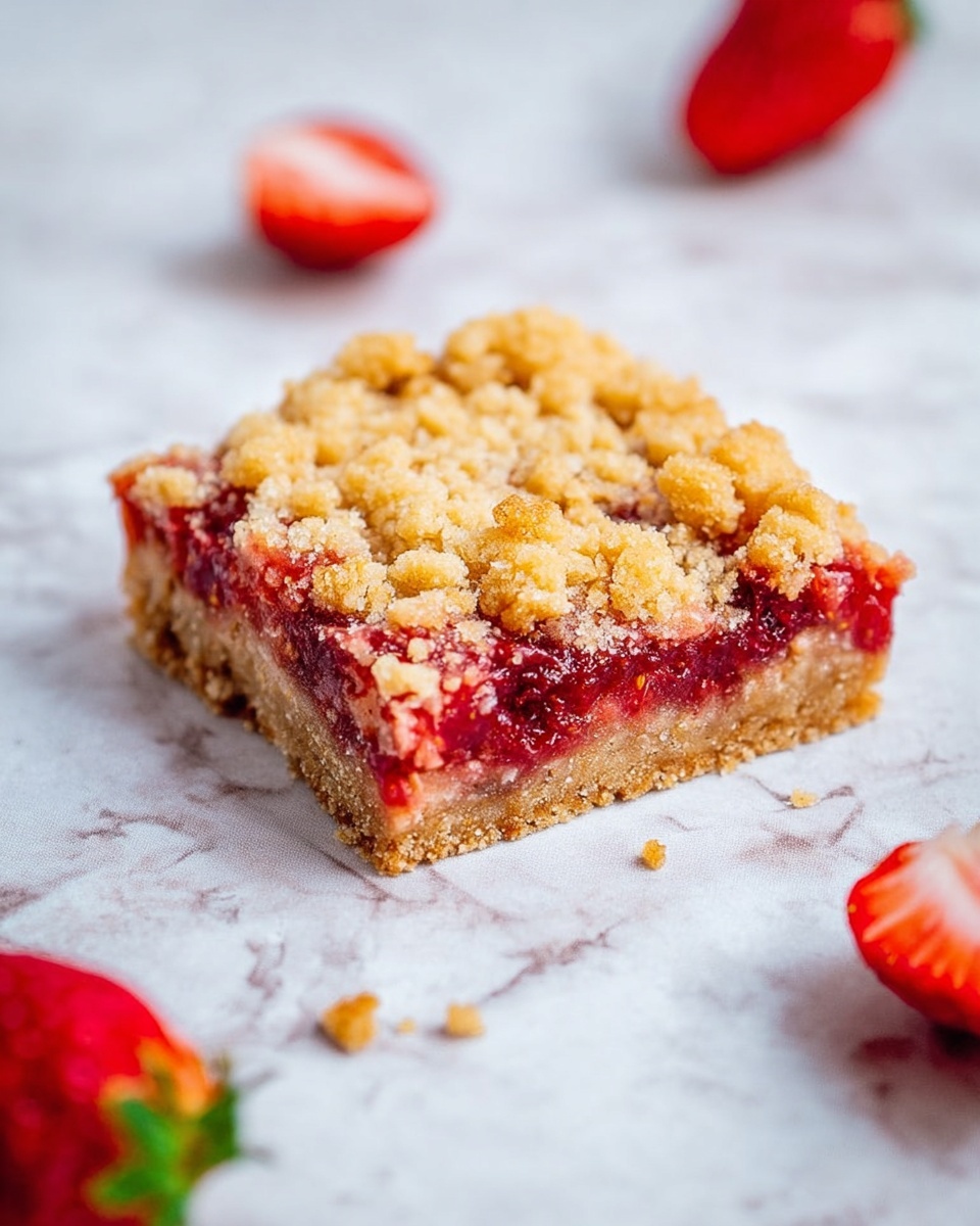 A single square piece of strawberry crumb bar sits on a white marbled surface, showing three clear layers: a light golden-brown crumbly base, a thick middle layer of bright red strawberry filling with chunks and seeds visible, and a top layer of golden crumb pieces scattered unevenly. Around the bar are two whole, fresh red strawberries with green leaves, adding color contrast. There are small crumbs around the bar, giving a natural, casual look. photo taken with an iphone --ar 4:5 --v 7