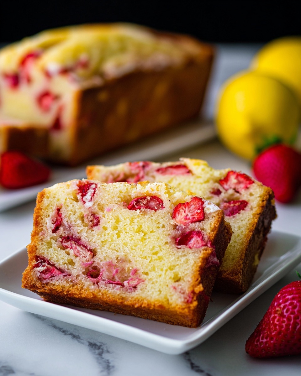 The image shows two thick slices of strawberry cake placed on a white square plate with a soft, golden brown crust. The cake has a light yellow inside filled with small pieces of bright red strawberries evenly scattered throughout. In the background, part of the whole cake is visible, showing more chunks of strawberries on top and inside. A bright red strawberry and a yellow lemon are slightly blurred behind the plate. The setting uses a white marbled surface under the plate. The photo taken with an iphone --ar 4:5 --v 7