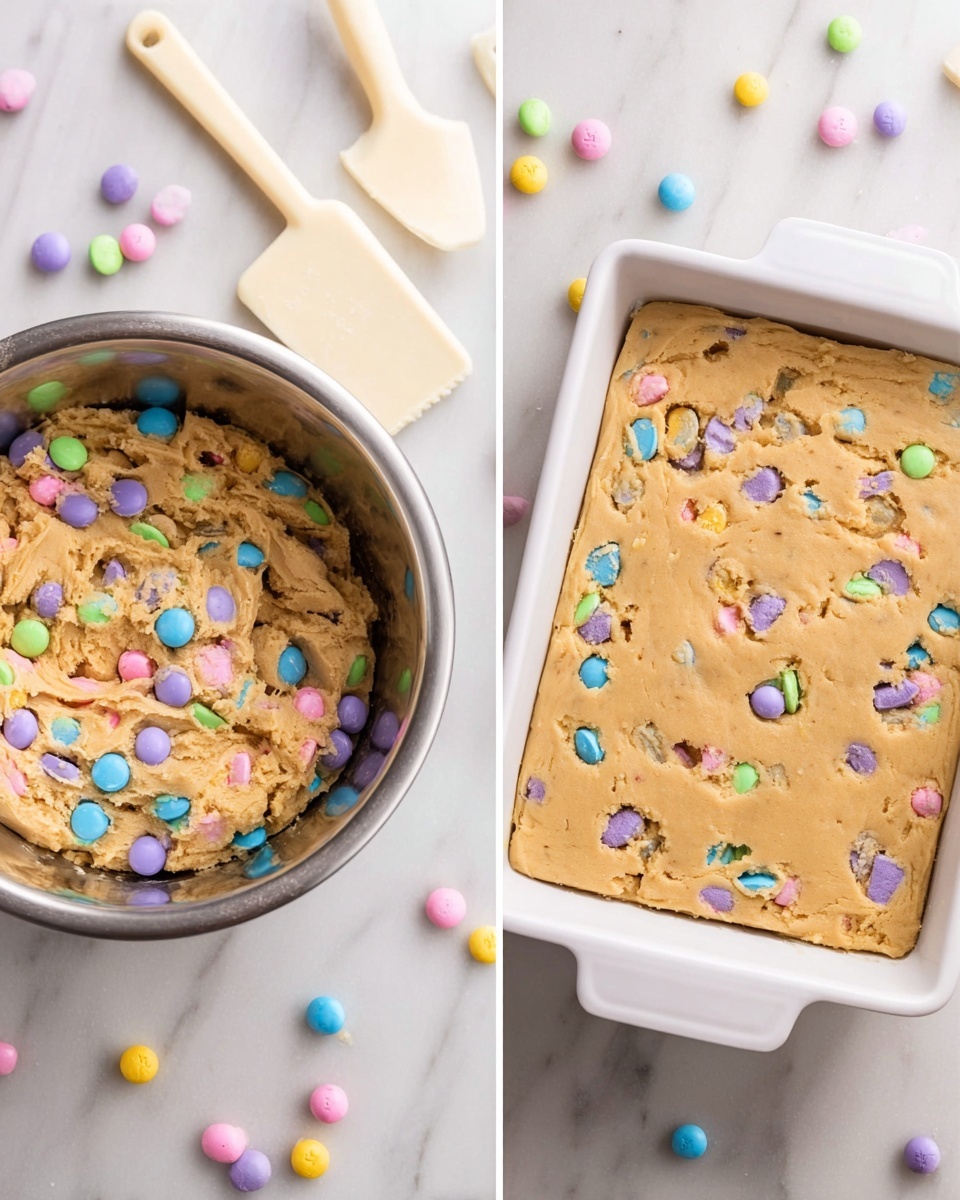 The image shows two side-by-side views of a cookie dough process on a white marbled surface. On the left, there is a metallic bowl filled with thick, light brown cookie dough mixed with colorful candy pieces in pastel blue, purple, pink, yellow, and green scattered throughout. Around the bowl, similar candies are spread on the surface along with a white rectangular baking dish and a beige spatula. On the right side, the baking dish is filled with the same cookie dough, flattened evenly to cover the bottom, with candy pieces visible on the surface in the same pastel colors. The dish has a smooth, baked look with small cracks on top where the candies are slightly embedded. photo taken with an iphone --ar 4:5 --v 7