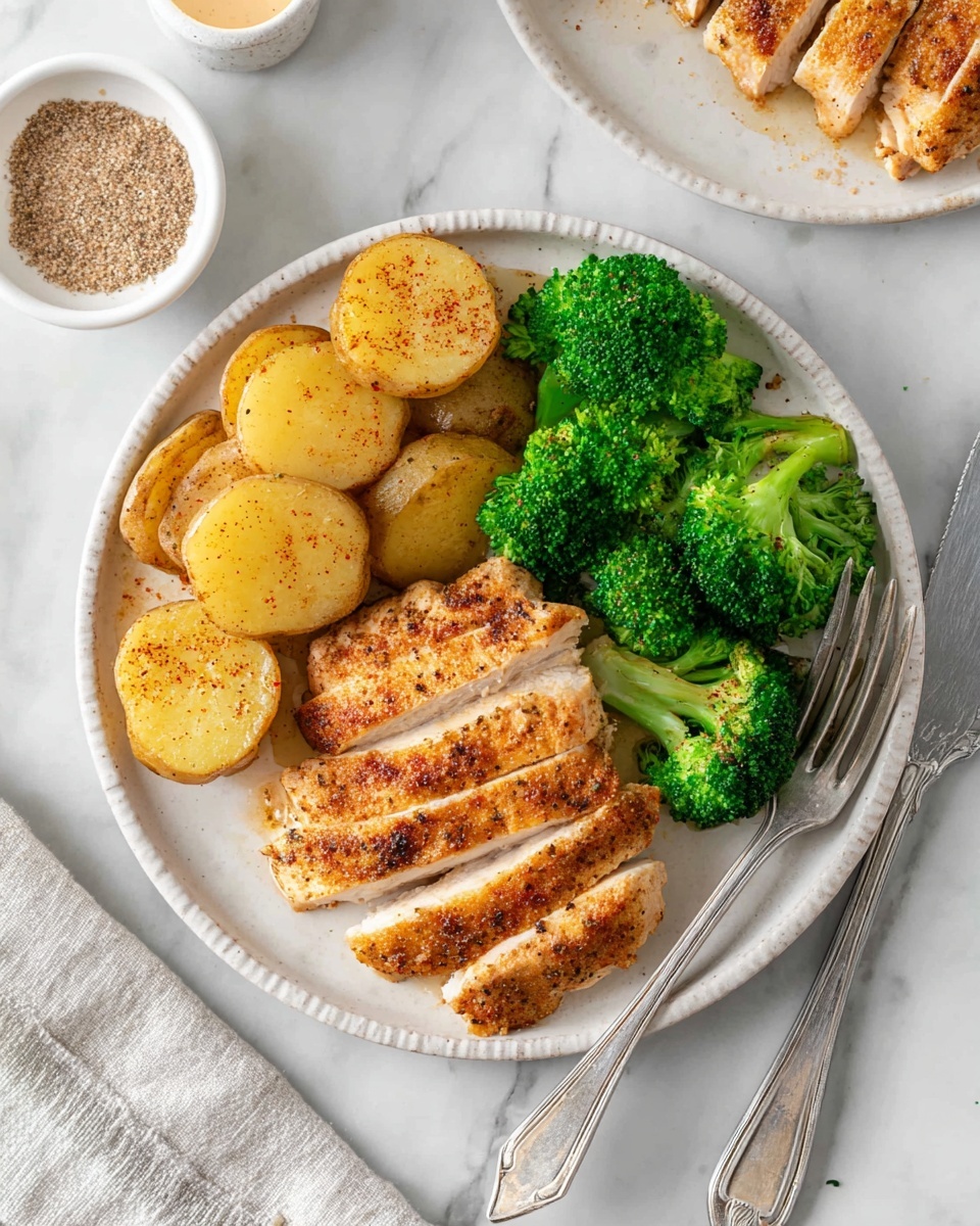 The image shows a white round plate with three main layers of food arranged side by side. On the left side, there is a layer of golden brown round potato slices with a slightly crispy texture. In the middle, several thick, evenly sliced pieces of roasted chicken with a golden, seasoned crust are neatly placed. On the right side, bright green steamed broccoli florets add a vibrant contrast. The plate sits on a white marbled surface with two silver forks resting on the right edge of the plate. In the background, a small white bowl with a light brown seasoning mix and a small container of coarse white salt are visible. photo taken with an iphone --ar 4:5 --v 7