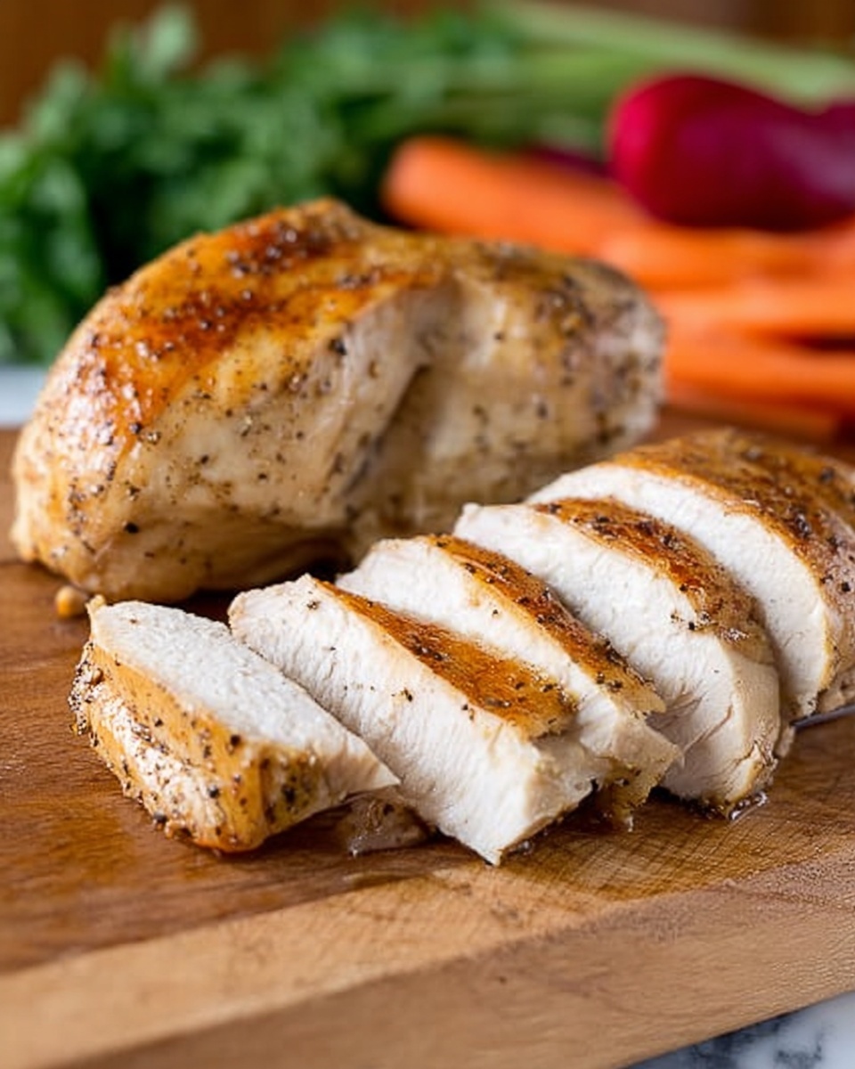 The image shows two pieces of cooked chicken placed on a wooden cutting board. One piece is whole and the other is sliced into six slices, arranged side by side in front of the whole piece. The chicken has a light brown, slightly crispy skin with black pepper sprinkled on it. The inside of the sliced chicken is white and tender-looking. The background has blurred green and orange vegetables, and the surface under the chicken is a white marbled texture. Photo taken with an iphone --ar 4:5 --v 7
