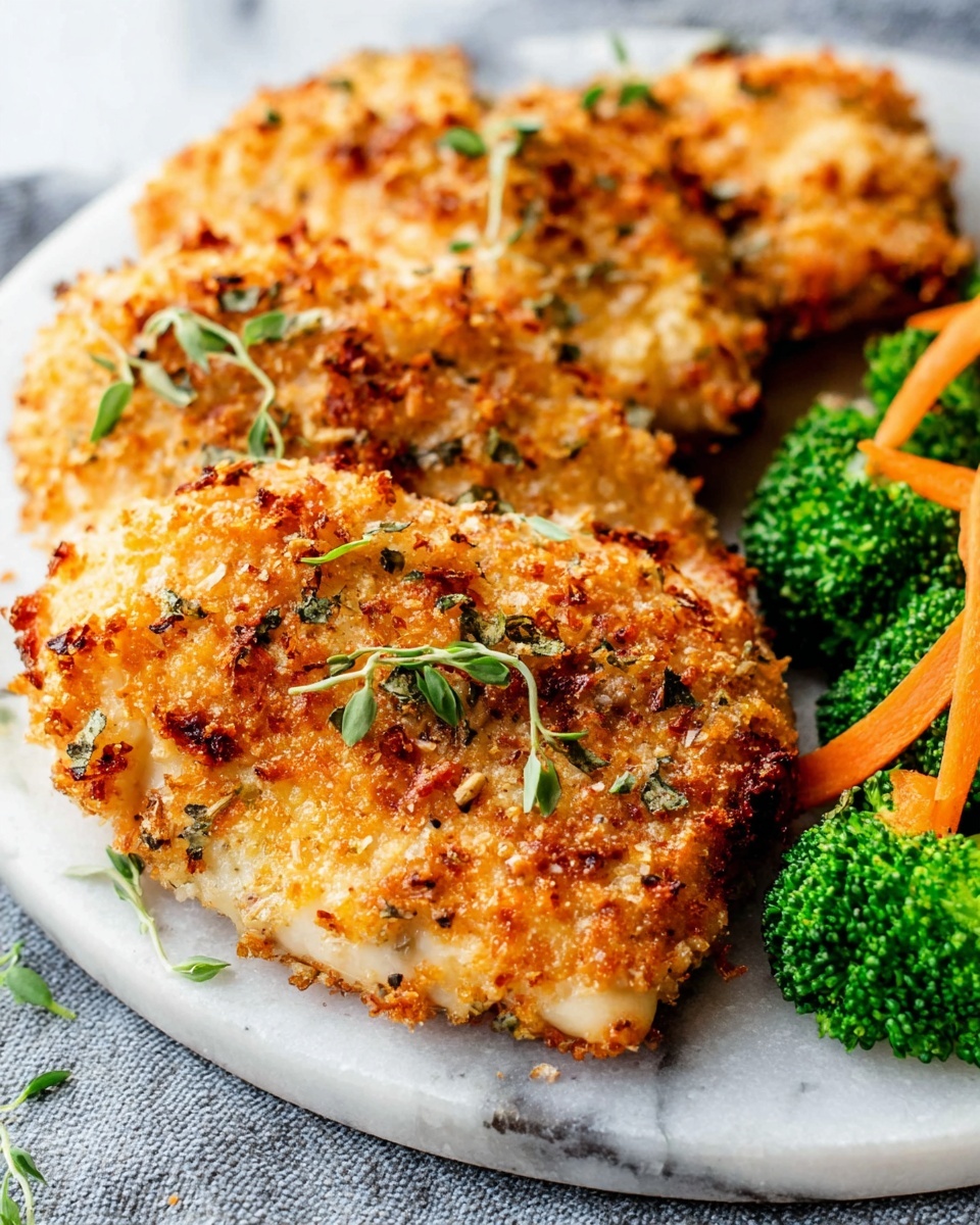 The image shows a close-up of three pieces of crispy golden baked chicken, each piece having a rough, crumbly texture with a mix of light and darker golden brown spots, topped with small green herb sprigs. The chicken pieces are arranged on a white plate, which is positioned on a white marbled surface. To the right of the chicken, there is a side of bright green cooked broccoli and thin strips of orange carrots, creating a fresh contrast. The overall look is warm and inviting, with a focus on the crunchy texture of the chicken and the fresh vegetable side. Photo taken with an iphone --ar 4:5 --v 7