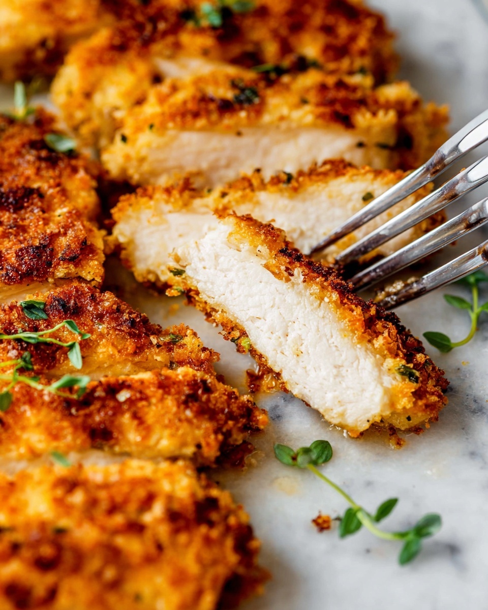 The image shows slices of breaded chicken with a crunchy golden brown crust on the outside and tender white meat inside. The chicken pieces are arranged closely together, showing the texture of the crispy coating made of breadcrumbs and herbs. A fork is seen holding one slice, emphasizing the soft inside while keeping the crust intact. Small green herb leaves are scattered around the chicken on a white plate, which sits on a white marbled surface. The overall look is warm and inviting, highlighting the contrast between the crisp outside layer and juicy meat inside photo taken with an iphone --ar 4:5 --v 7
