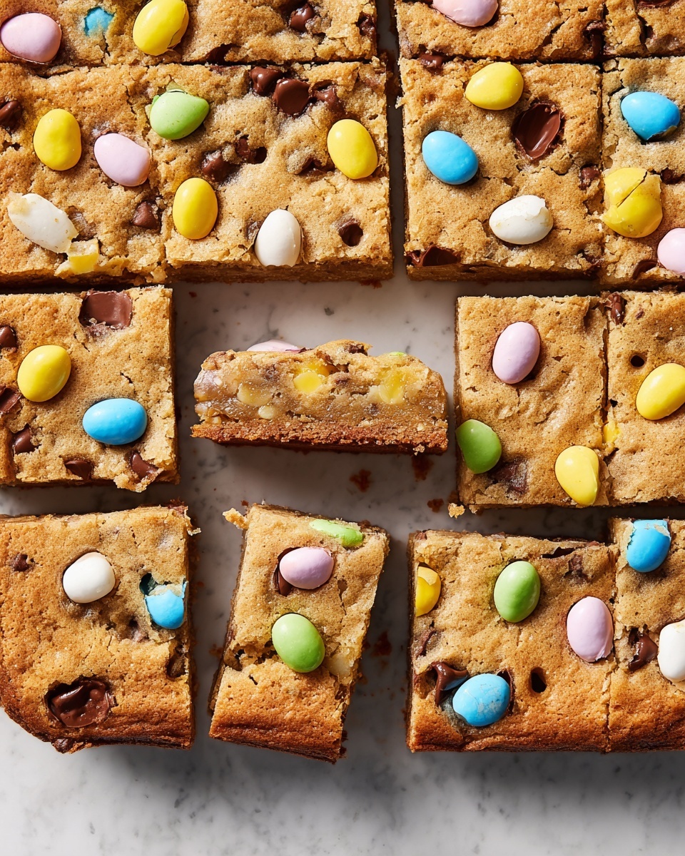 The image shows a close-up view of a tray of square cookie bars cut into pieces, with a golden brown crispy top layer. The top layer is studded with colorful candy-coated chocolate eggs in pastel shades of yellow, blue, white, and pink, some of which are cracked revealing milk chocolate inside. The cookie bars have a soft and slightly crumbly texture, and the broken edges show a dense, chewy interior full of chocolate chips. The bars are placed on a white marbled surface, arranged evenly with visible gaps between the squares. Photo taken with an iphone --ar 4:5 --v 7