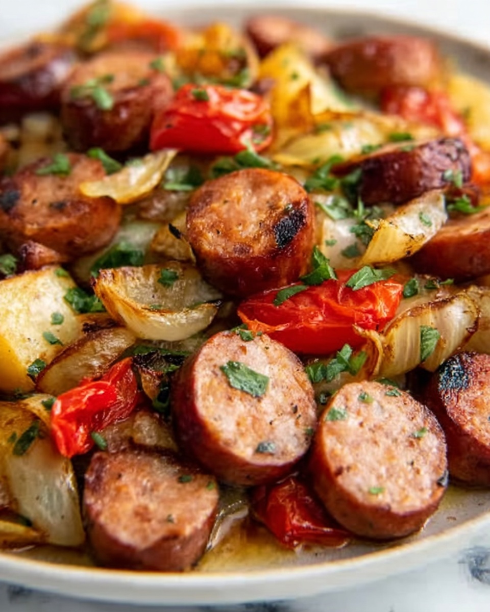 The image shows a close-up of a dish with thick slices of browned sausage mixed with pieces of cooked onions and chopped green herbs. The sausage slices are golden-brown with a slight crispy texture on the edges. The onions are soft with a light tan color and slightly caramelized. There are bright red tomato pieces scattered around, adding a pop of color. The herbs are fresh and green, giving a fresh look to the dish. Everything sits on a white plate, and the background has a white marbled texture. The photo was taken with an iphone --ar 4:5 --v 7