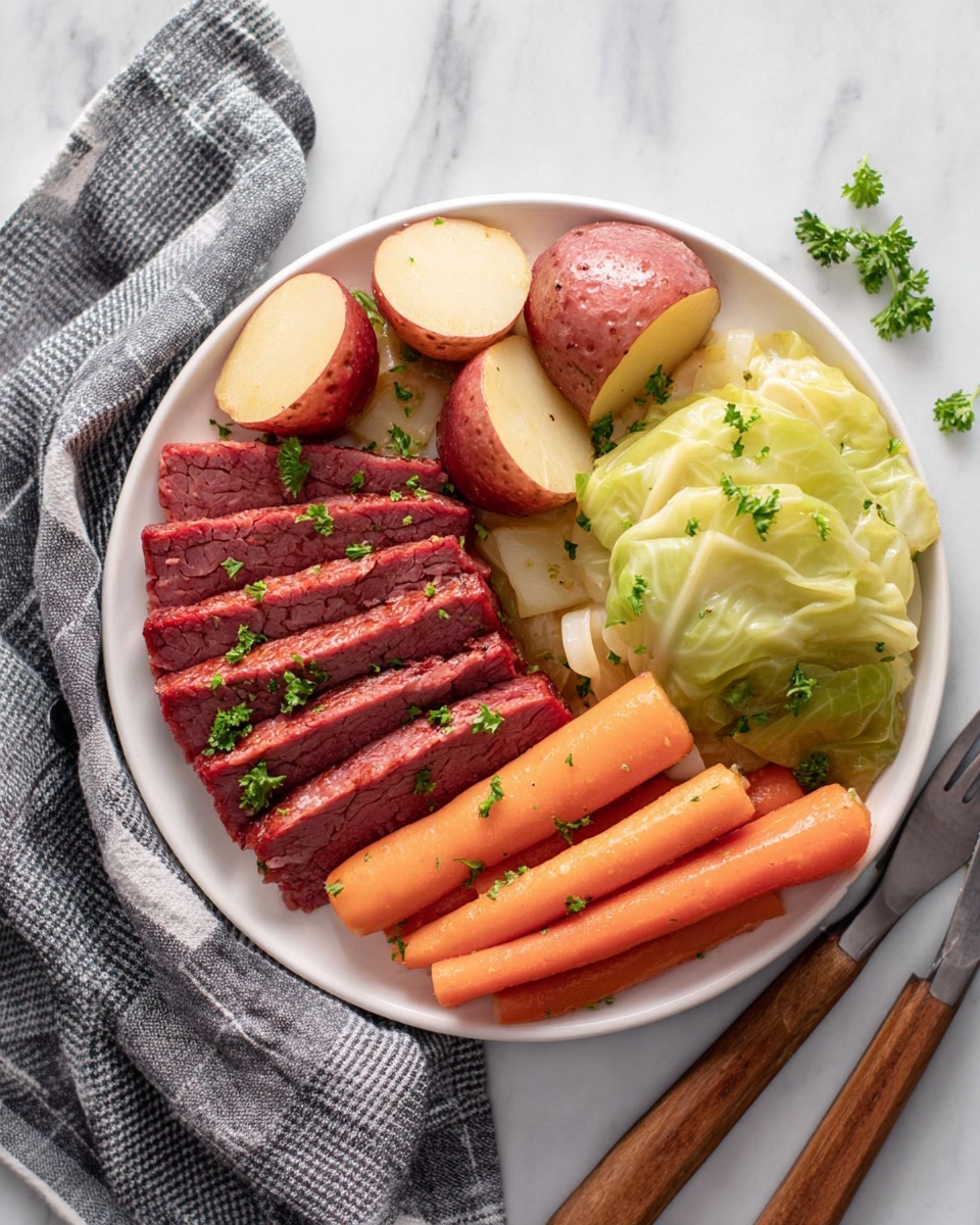 A white plate filled with a neatly arranged meal consisting of four main parts: on the left, there are thick slices of reddish meat stacked closely together with sprinkles of green parsley on top; next to it towards the center are quartered small red potatoes with a smooth texture, also garnished with parsley; to the right of the potatoes is a portion of cooked green cabbage leaves, folded and layered with a slightly shiny, soft texture; at the bottom right edge of the plate are bright orange cooked carrot sticks, cut into even pieces and lightly garnished with parsley. The plate is placed on a white marbled surface, with a gray and white checkered napkin and a wooden fork beside it. photo taken with an iphone --ar 4:5 --v 7