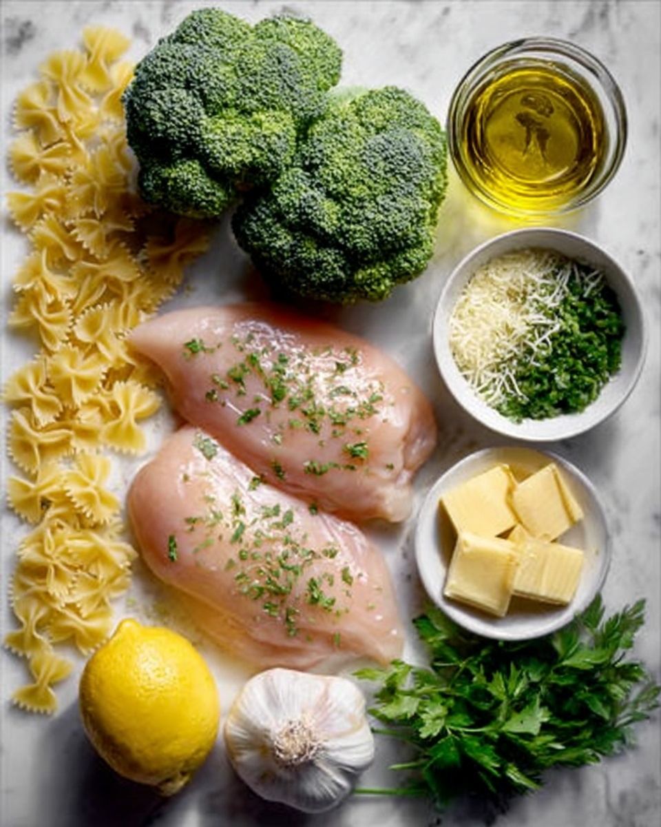 The image shows two raw chicken breasts placed side by side on a white marbled surface, with some green herbs sprinkled on top. To the left of the chicken, there are three large green broccoli heads with a rough texture. Above the chicken, there is a small glass jar of golden olive oil, with light reflecting off its surface. To the right of the chicken, there is a small white bowl filled with finely chopped green herbs and grated cheese, and beside it, a small white bowl containing two yellowish square pieces of butter. Below the chicken, a half lemon with its bright yellow color and juicy texture is placed next to a whole white garlic bulb with some cloves visible. A bunch of fresh green parsley lies on the right side near the garlic. At the top left, uncooked bowtie pasta with a yellow hue is scattered, showing its ridged texture. The photo has a bright and natural light, taken with an iphone --ar 4:5 --v 7