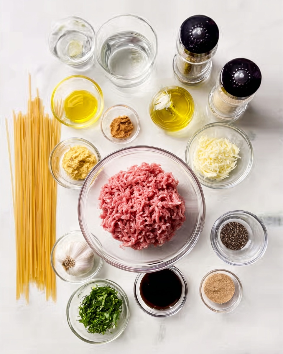 The image shows a white table with several small clear glass bowls and jars arranged neatly, each containing different ingredients. In the center is a medium-sized clear bowl filled with pink ground meat. Surrounding it are smaller bowls with minced garlic, chopped green herbs, light yellow mustard, a dark red sauce, light brown powder, a golden liquid, and a small jar with dark seeds. Also included are a small glass of water, a clear bottle with yellow oil, and two tall clear containers with black lids filled with spices. Thin uncooked pasta sticks stand upright in a clear glass on the left side. The scene is bright and clean, with a white marbled background. photo taken with an iphone --ar 4:5 --v 7