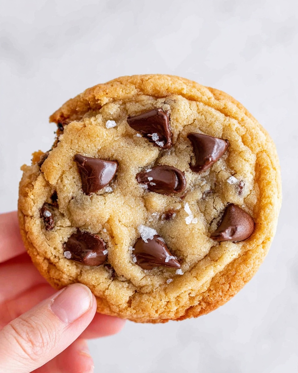 A close-up image of a single chocolate chip cookie held by a woman's hand on the right side. The cookie is golden brown with a slightly rough and crunchy texture on the edges and a softer, slightly cracked center. There are about eight visible dark brown melted chocolate chips unevenly spread across the cookie, some slightly glossy. A few small flakes of white sea salt are sprinkled near the center. The top left side of the cookie has a small bite taken out, showing the soft interior with melted chocolate inside. The background is a white marbled texture. Photo taken with an iphone --ar 4:5 --v 7