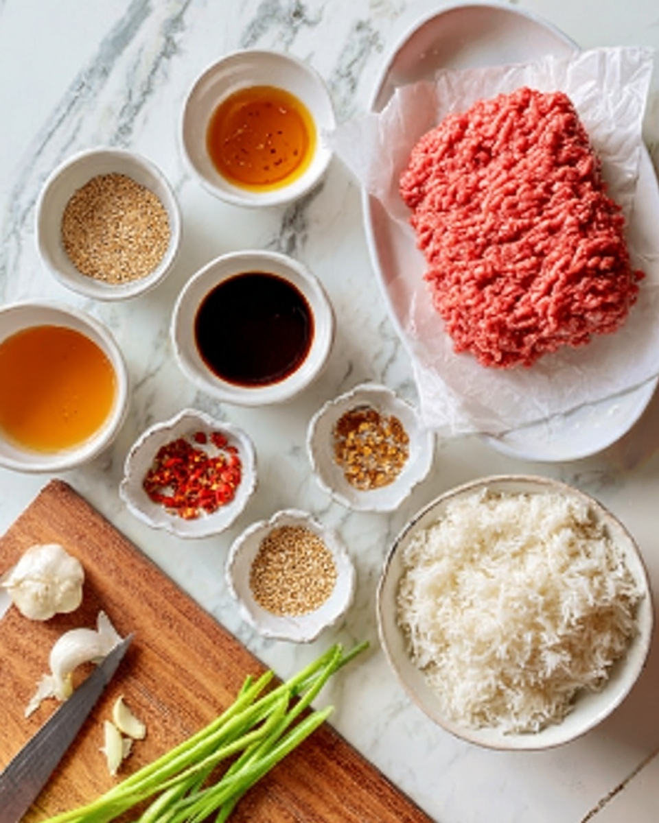 The image shows a white oval plate with bright pink raw ground meat placed on a piece of white parchment paper, next to a large white bowl filled with fluffy white cooked rice. Surrounding them are five small white bowls arranged in a semi-circle on a white marbled surface; inside them are different ingredients including a clear orange sauce, a dark brown soy sauce, red chili flakes, toasted sesame seeds, and light brown ground spices. There is also a wooden cutting board at the bottom with sliced light green scallions, a small garlic bulb, and a knife laying across it. A woman's hand is partly visible near the cutting board. Photo taken with an iphone --ar 4:5 --v 7