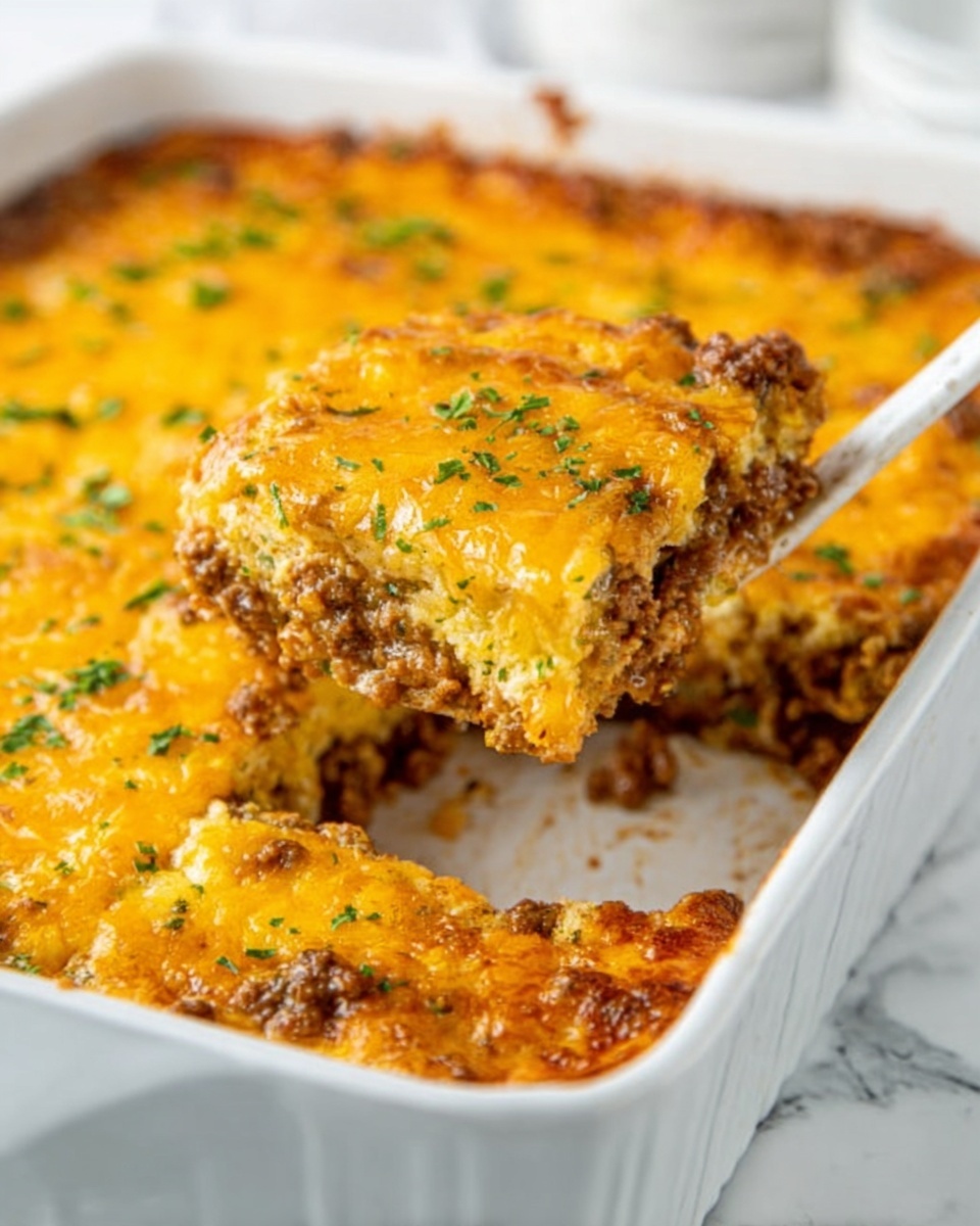 The image shows a white rectangular baking dish filled with a layered casserole. The top layer is melted golden-yellow cheese with a slightly crispy and bubbly texture, sprinkled with small green herbs. Below the cheese, there is a thick layer of brown cooked ground meat mixed with sauce, visible from a large square piece being lifted by a white spoon. The background is a clean white marbled surface. Photo taken with an iphone --ar 4:5 --v 7