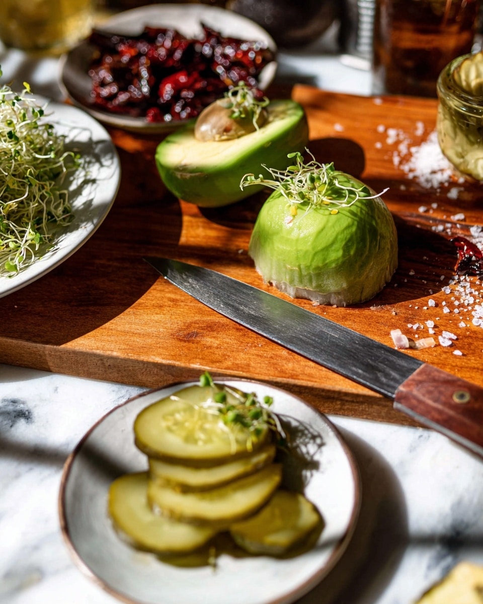 The image shows a close-up of a wooden board with two halves of a bright green avocado placed in the center, each topped with small green sprouts. In the foreground, on a small white plate, there are several slices of pickles stacked with a shiny, moist texture and a tiny sprout on top. A large knife with a wooden handle lies diagonally across the board, partially on the right side, with scattered coarse salt and sprouts on the blade. In the background, there is a white plate holding a small pile of dark red dried chili pieces and some green herbs, with more sprouts spread around the board. The bright sunlight creates strong shadows, and the whole scene sits on a white marbled surface. photo taken with an iphone --ar 4:5 --v 7