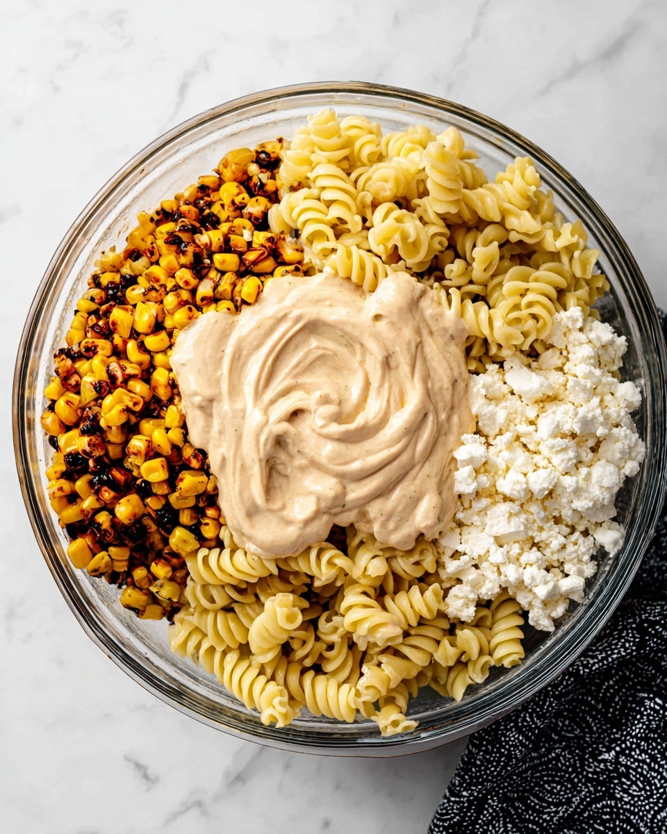 A clear glass bowl on a white marbled surface holds a colorful layered salad. The first layer on the left is charred corn with dark brown and bright yellow kernels, showing some grill marks. Next to it on the right is a layer of light yellow rotini pasta with a smooth, slightly shiny texture. To the far right beside the pasta is a layer of crumbled white cheese with a soft, grainy texture. On top of the middle of the salad is a thick, creamy beige sauce spreading over the corn and pasta. A black patterned cloth is partially visible under the bowl near the bottom right corner. Photo taken with an iphone --ar 4:5 --v 7