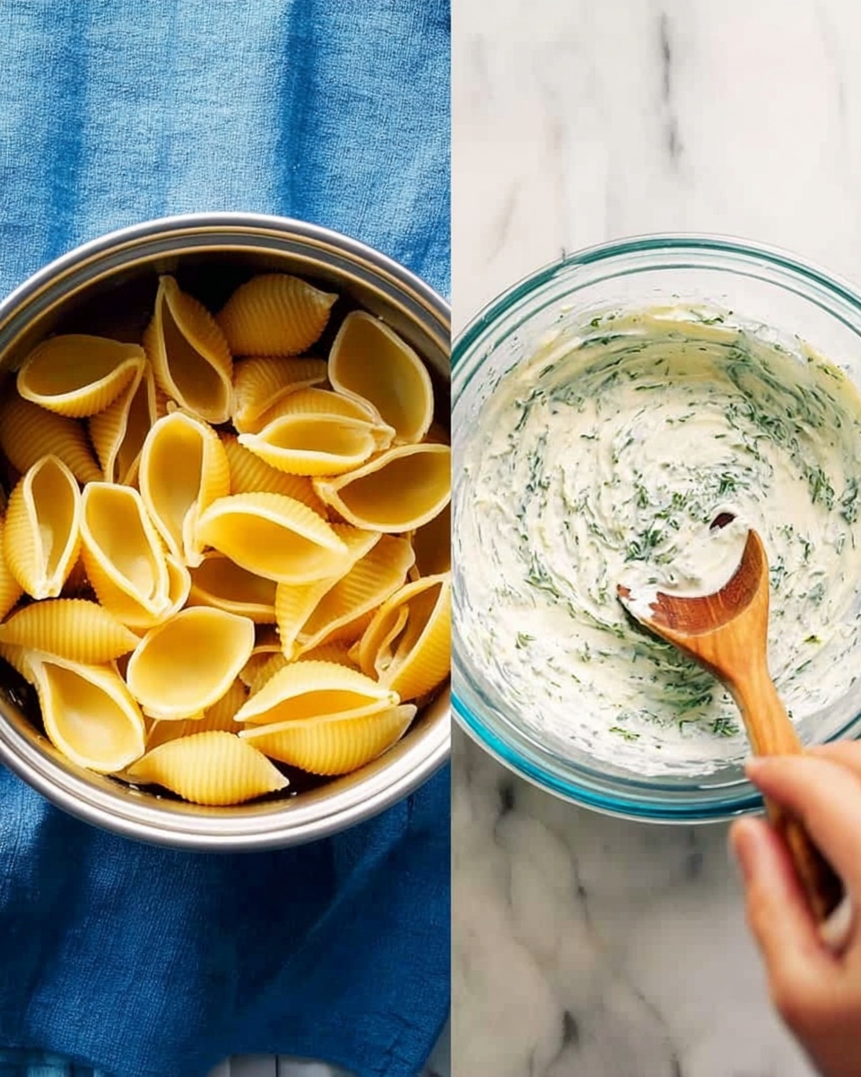 The image shows two side-by-side pictures. On the left, there is a shiny metal pot filled with large yellow shell pasta, placed on top of a white marbled surface covered with a blue cloth. The pasta pieces have a smooth, slightly ridged texture. On the right, a clear glass bowl contains a creamy white mixture with green herbs mixed in. A wooden spoon is stirring the mixture, held by a woman's hand, against a white marbled surface background. photo taken with an iphone --ar 4:5 --v 7