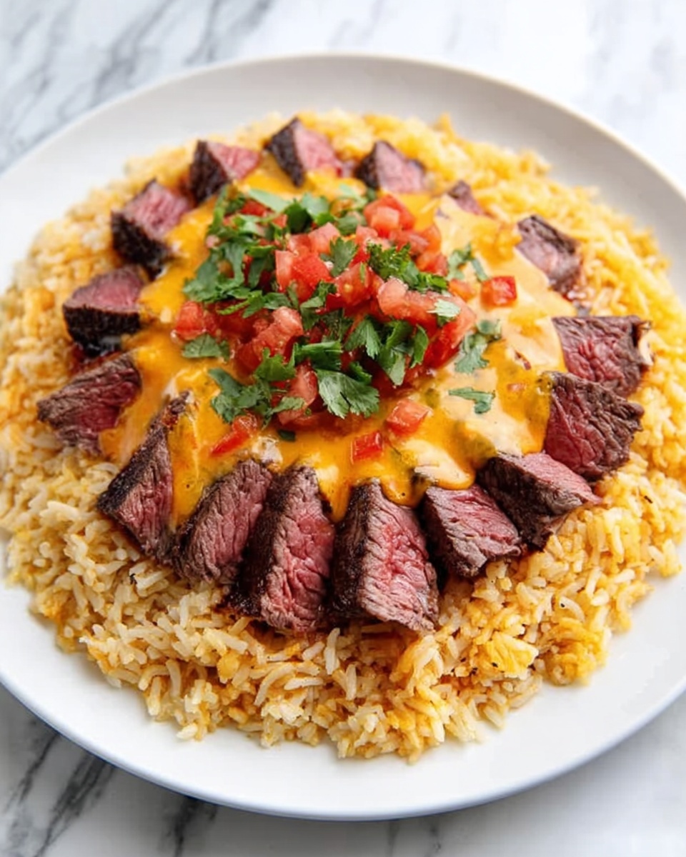 A white plate holds a round bed of cooked yellow rice with visible grains. On top, there are several slices of medium-rare steak arranged in a circular fan shape, showing red centers and dark brown edges. Over the steak, a layer of orange melted cheese sauce is spread unevenly, topped with small pieces of diced red tomatoes and green cilantro leaves for garnish. The plate is set on a white marbled surface. photo taken with an iphone --ar 4:5 --v 7