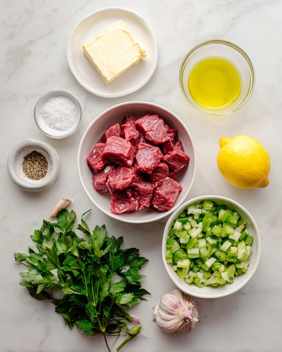 The image shows ingredients arranged on a white marbled surface. At the center bottom is a white bowl filled with chunks of raw red meat. To the right of the meat bowl is another white bowl holding green chopped vegetables with a light, smooth texture. Above them is a small white bowl with light yellow oil. Near the top right corner is a whole lemon with a bright yellow color and a garlic bulb with pale skin and purple streaks. In the middle left, a small white plate holds a block of pale yellow butter. Next to that plate on the far left are fresh green leafy herbs. Above the herbs, there is a small clear glass bowl with white salt and dark brown ground pepper inside. The whole setup is on a soft white marbled surface. Photo taken with an iphone --ar 4:5 --v 7