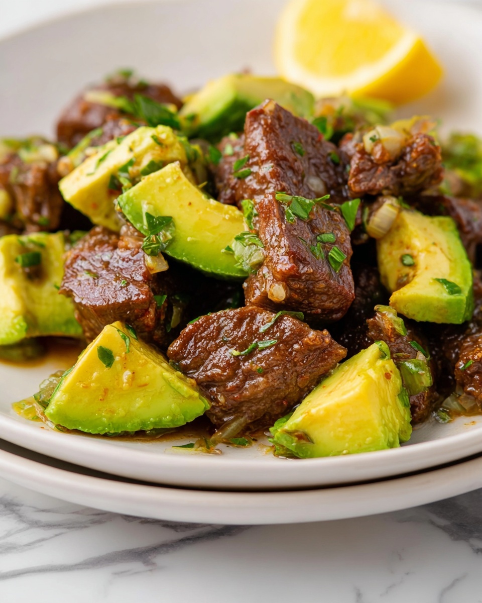 The image shows a close-up of a dish on a white plate with two layers. The top layer contains chunks of cooked beef that are dark brown with a slightly shiny texture, mixed with bright green avocado pieces. The avocado is cut into thick slices and chunks with smooth edges. There are small bits of chopped herbs sprinkled over the beef and avocado. In the background, a wedge of yellow lemon is visible. The surface beneath the plate has a white marbled texture. photo taken with an iphone --ar 4:5 --v 7