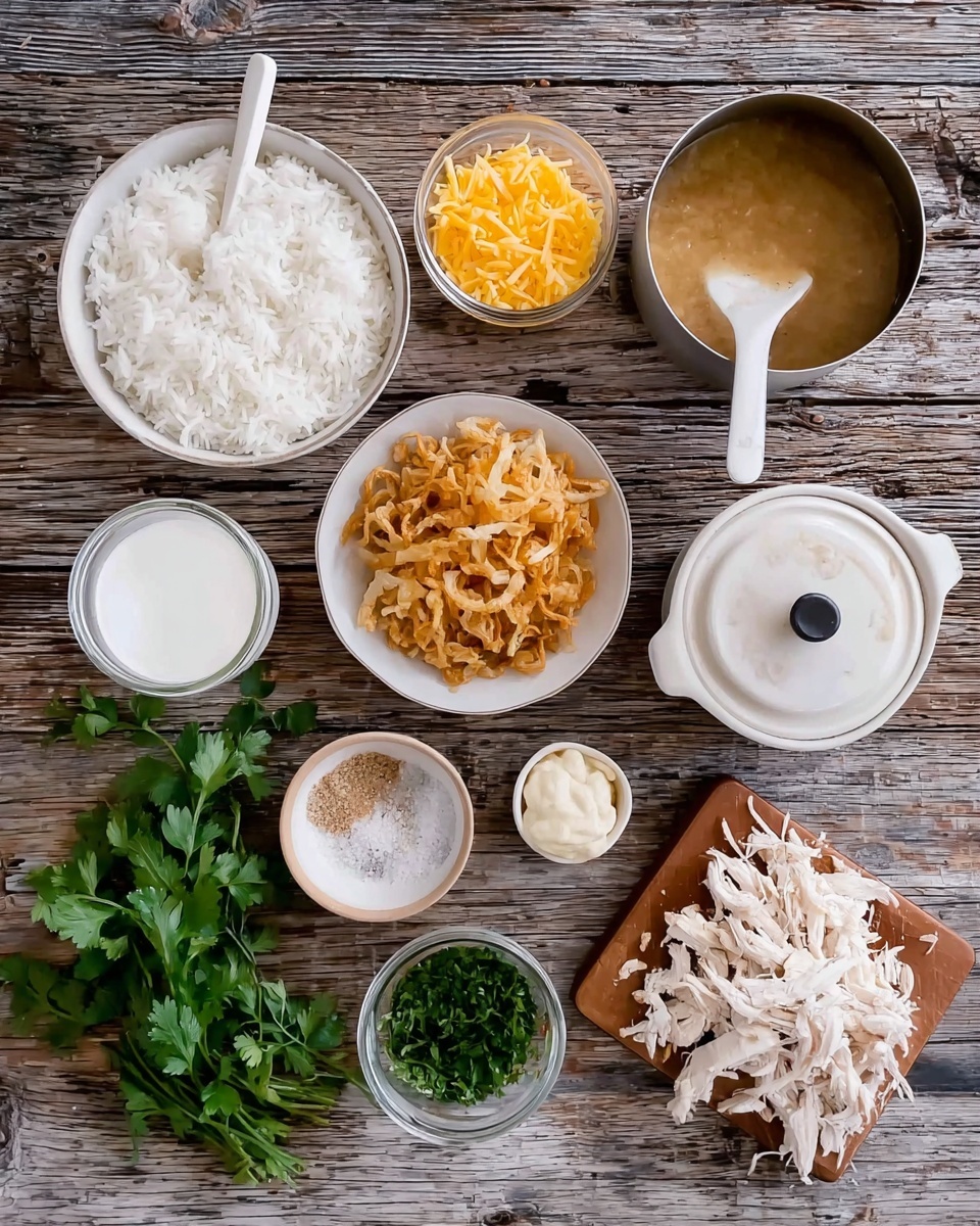 A white bowl filled with white cooked rice sits on the left side, with a white spoon inside it. Below the rice, there is a small bunch of fresh green parsley. To the right of the parsley, a white bowl holds crispy fried onion strips showing a golden brown texture. Above the onions, a small glass bowl contains shredded yellow cheese. Next to the cheese, a silver pot holds a light brown broth. At the center, a small beige bowl contains salt and pepper. Below the pepper bowl, a small mound of light seasoning stands on the wooden surface. To the right, a small white container shows a creamy white sauce or sour cream. Next to it, a small glass jar is filled with a white creamy substance and beside that, a smaller beige bowl contains finely chopped green herbs. On the right side, shredded white chicken is spread on a small wooden board with a white pot that has a lid on top of it. The entire setting is placed on a rustic wooden table. Photo taken with an iphone --ar 4:5 --v 7