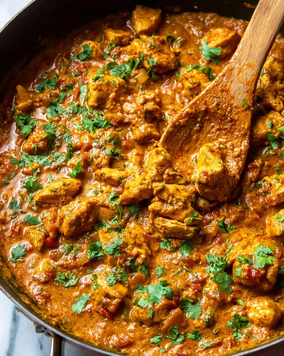 The image shows a close-up view of a savory chicken curry in a black pan filled with tender chicken pieces in a thick, orange-brown sauce with visible chunks of tomato and finely chopped onions mixed throughout. The sauce has a creamy texture with some oil glistening on the surface. Bright green fresh cilantro leaves are sprinkled on top, adding a touch of color contrast. A wooden spoon rests on the right side of the pan, slightly stained with the sauce and holding a small portion of chicken and sauce. The pan sits on a white marbled surface. Photo taken with an iphone --ar 4:5 --v 7