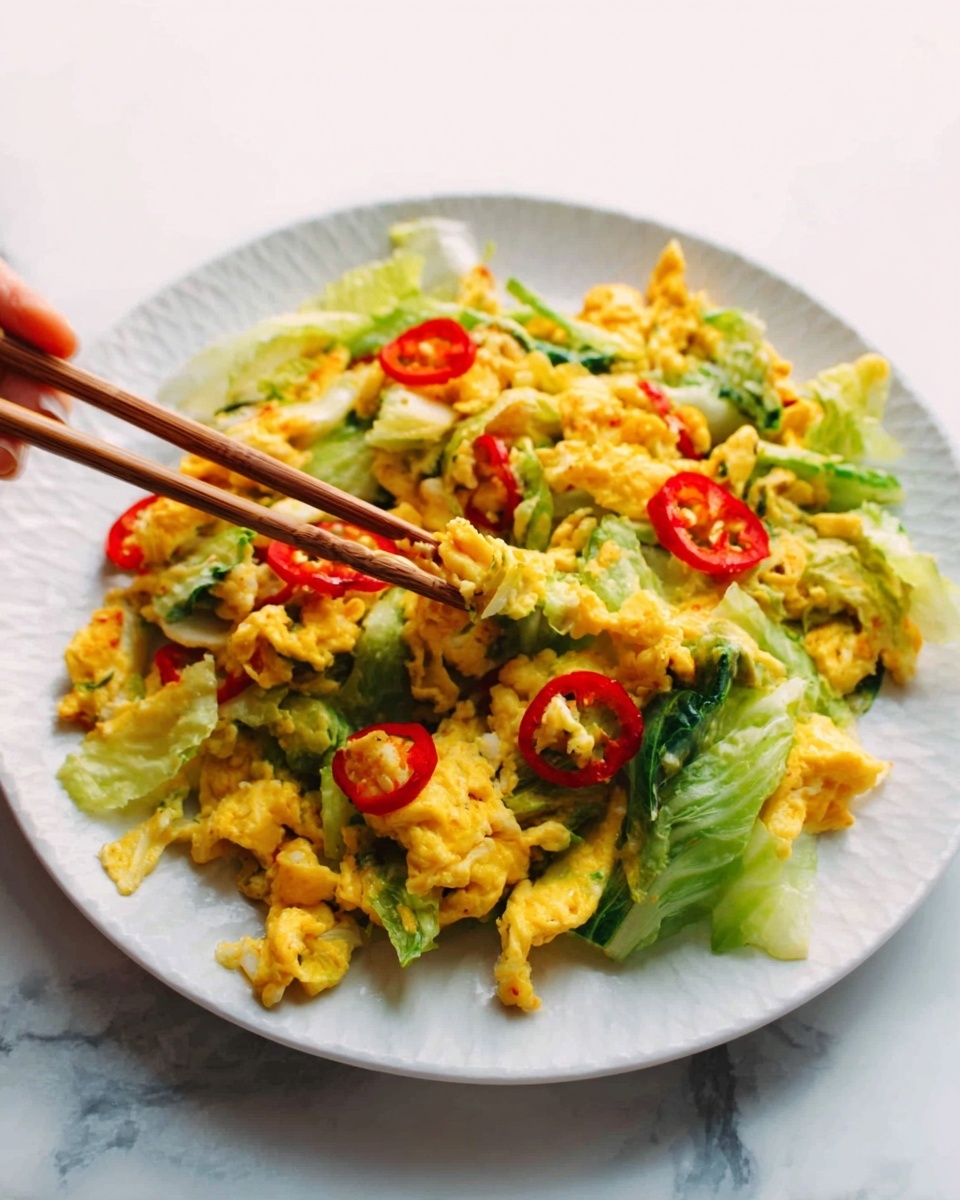 The image shows a white plate on a white marbled surface filled with a colorful dish made of scrambled eggs mixed with green lettuce leaves. Thin slices of red chili peppers are scattered on top for a touch of bright red color. Two wooden chopsticks held by a woman's hand are picking up some of the eggs and lettuce from the plate. The dish has a soft texture from the eggs and a fresh, crisp look from the lettuce, with a balance of yellow, green, and red colors. Photo taken with an iphone --ar 4:5 --v 7