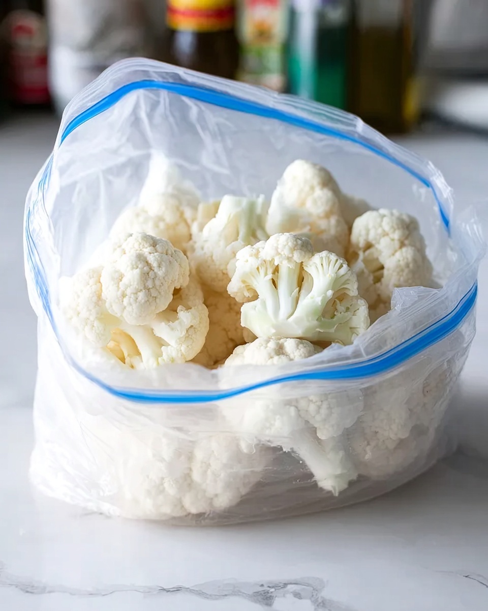 The image shows a clear plastic bag filled with fresh, white cauliflower florets. The florets are tightly packed inside the bag and have a rough, bumpy texture typical of cauliflower. The bag is slightly open, revealing the cauliflower inside. The background is a white marbled surface with blurred bottles visible in the distance, giving a kitchen-like feel. photo taken with an iphone --ar 4:5 --v 7