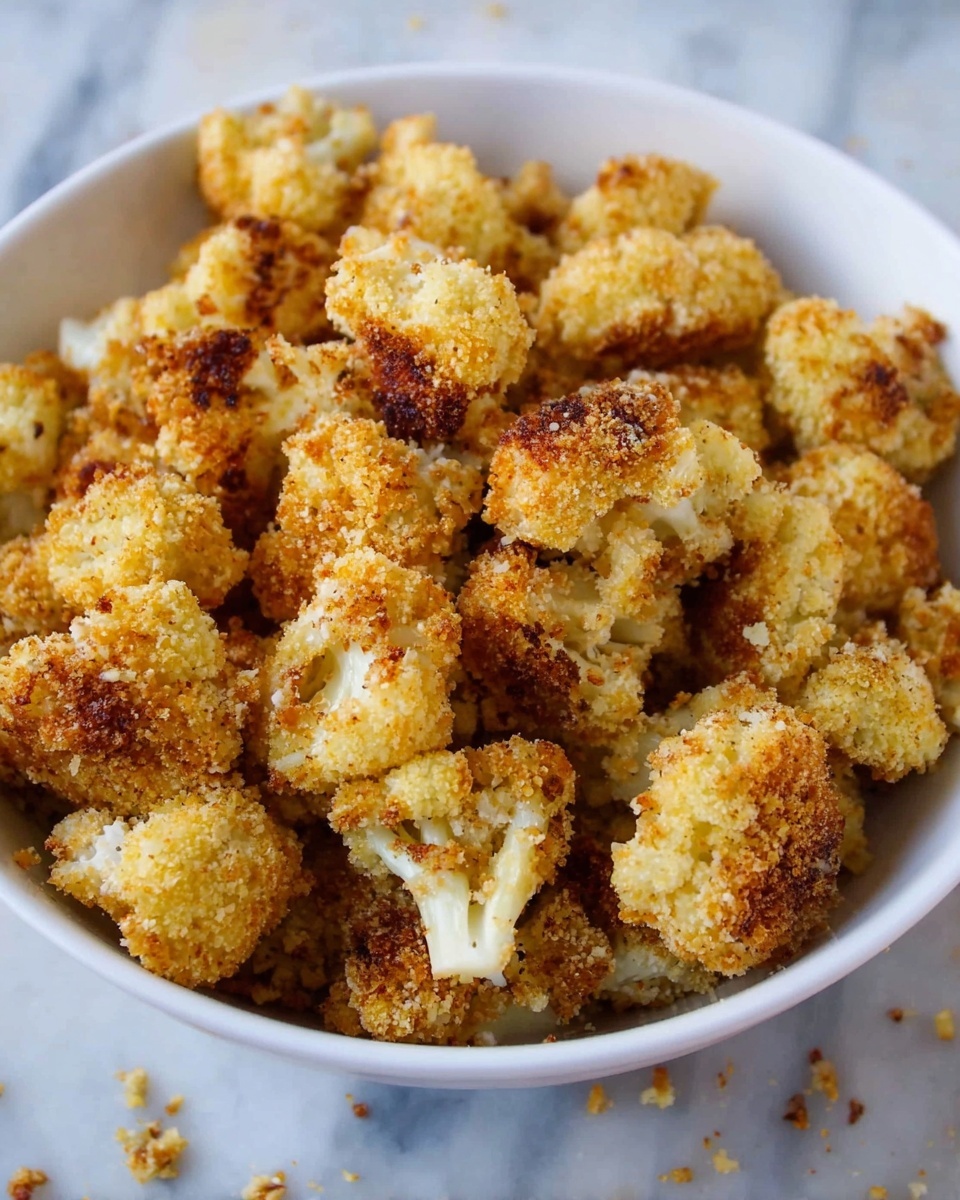 A white bowl full of golden brown roasted cauliflower pieces, each piece coated in a crispy breadcrumb-like layer with some darker roasted spots visible. The cauliflower is in small, irregular chunks, with a light fluffy texture underneath the crispy coating. Some loose crumbs are scattered around the bowl on a white marbled surface, adding texture to the scene. photo taken with an iphone --ar 4:5 --v 7