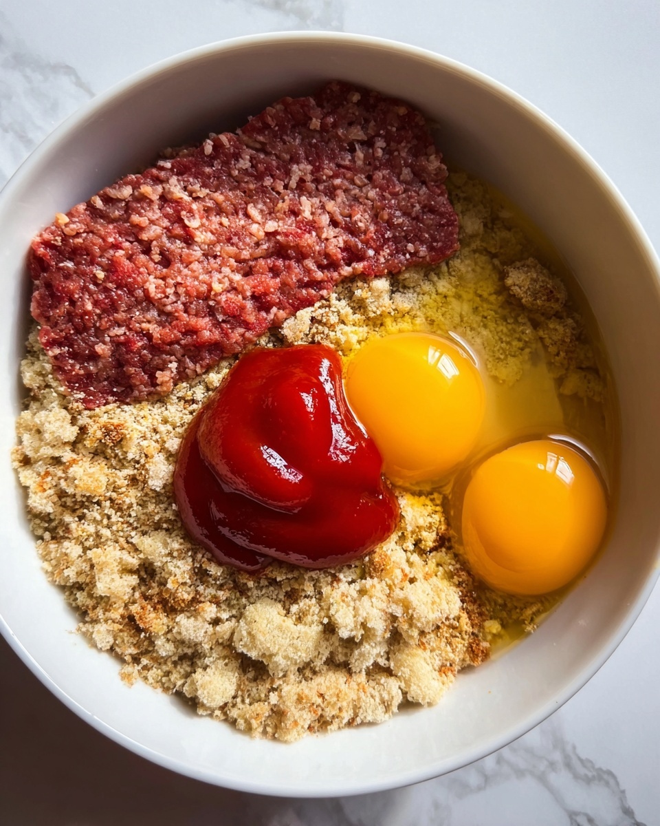 A white bowl holds a mixture of ingredients layered inside. The base layer fills most of the bowl and looks like light brown crushed crackers or breadcrumbs with a slightly rough texture. On top of that, near the top edge of the bowl, lies a large, flat piece of raw ground meat, dark red in color with visible texture. On the right side of the bowl, two bright yellow raw egg yolks sit close together, shining and smooth. Beside them, a thick, bright red scoop of ketchup adds a glossy contrast. The bowl is placed on a white marbled surface. photo taken with an iphone --ar 4:5 --v 7