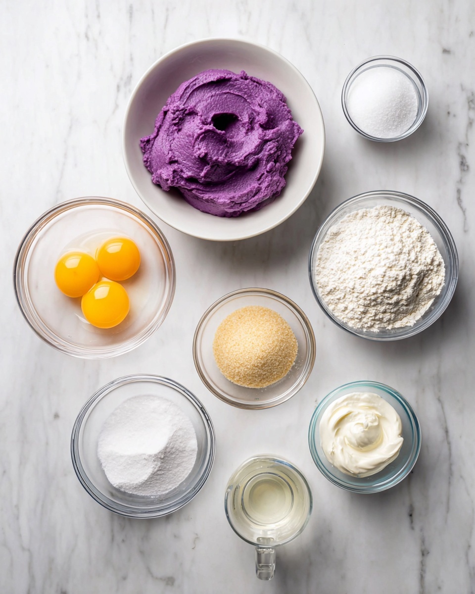 The image shows eight clear bowls with different baking ingredients placed on a white marbled surface. In the center is a white bowl filled with bright purple mashed yam. To the left, there is a bowl with two bright orange egg yolks and another bowl below it filled with light brown sugar granules. To the right of the purple yam is a bowl with translucent egg whites and a smaller bowl with white powder, likely baking powder or salt. At the bottom right is a larger bowl with white flour, and above it is a small bowl of white baking soda or similar powder. Near the lower left corner, there's a small measuring cup with a clear liquid, possibly water. Another small bowl near the top contains a white creamy substance, likely cream or yogurt. All bowls have a clean, simple look and sit evenly spaced on the white marbled surface. Photo taken with an iphone --ar 4:5 --v 7