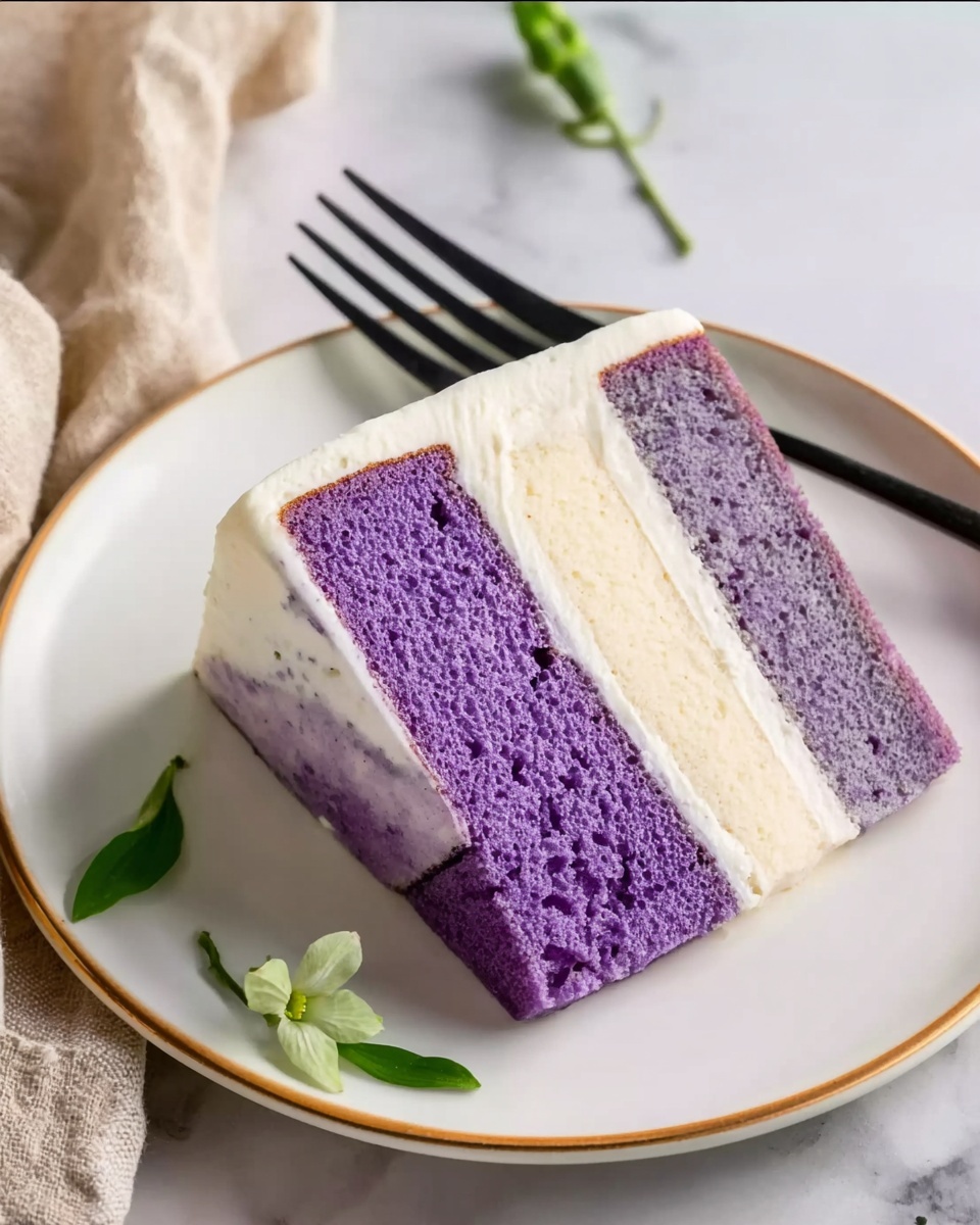 A piece of cake sits on a white plate with a thin gold rim on a white marbled surface. The cake has three layers: two thick purple sponge layers at the top and bottom, with a thin white cream layer in the middle. The sides of the cake are covered with white cream. A black fork rests above the cake on the plate, and a small green flower lies near the plate's edge. A beige cloth is partially visible on the left side of the image. Photo taken with an iphone --ar 4:5 --v 7