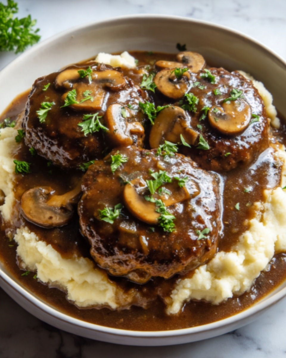 Two thick, brown cooked meat patties sit side by side in a black skillet, covered in a rich light brown mushroom sauce. Sliced light tan mushrooms are spread evenly over the patties and mixed into the sauce. Small green herb pieces are sprinkled on top. A silver spoon rests near the patties in the skillet. The skillet is placed on a white marbled surface. photo taken with an iphone --ar 4:5 --v 7
