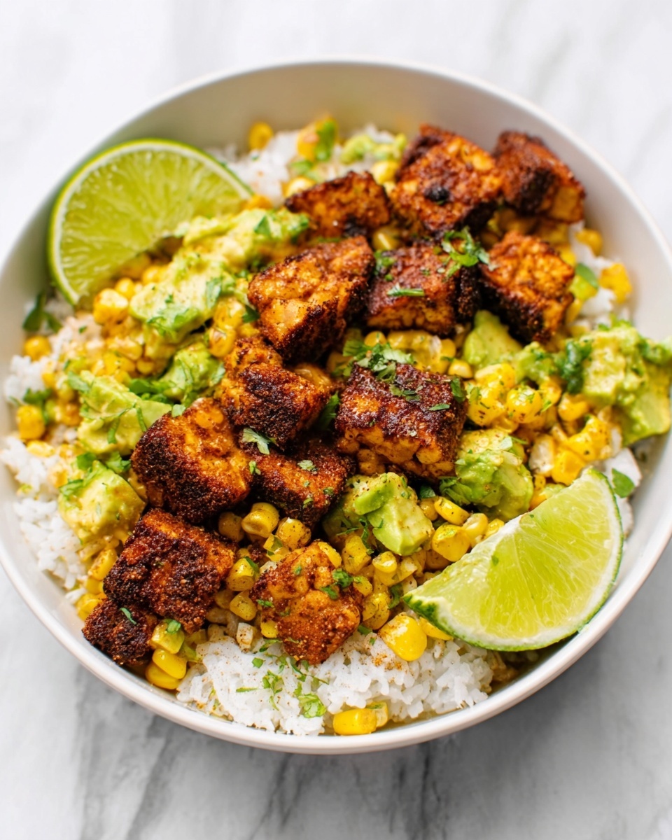 The image shows a white bowl filled with a colorful dish arranged in layers. The bottom layer appears to be white rice. On top of the rice, there is a mixture of small corn pieces and green avocado chunks, giving a bright yellow and green contrast. Several crispy, brown pieces of seasoned tofu are spread evenly across the bowl. A fresh lime wedge rests on one side of the bowl, adding a pop of green. The bowl is placed on a white marbled surface. Photo taken with an iphone --ar 4:5 --v 7