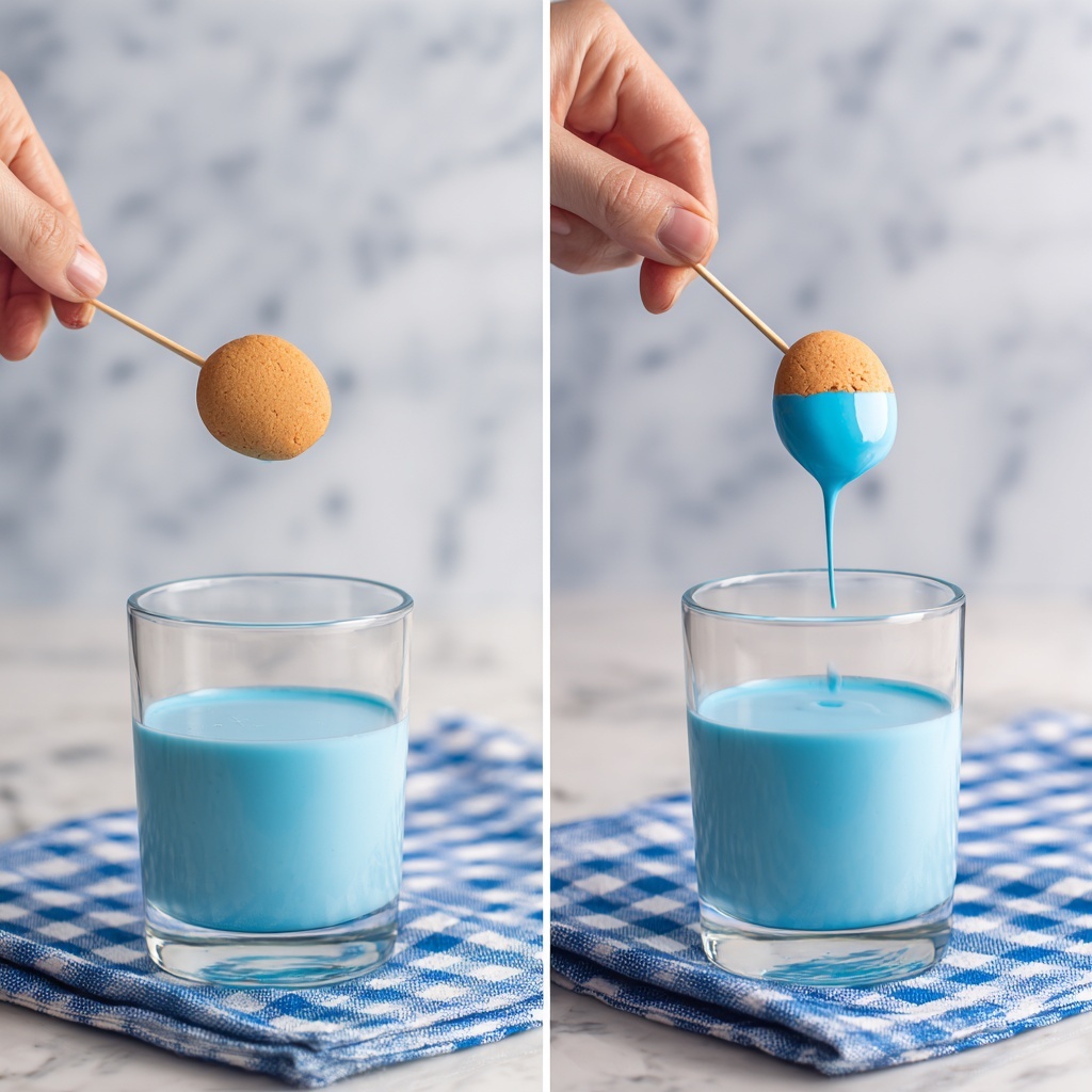 Two images side by side show a woman's hand holding an egg on a toothpick above a clear glass filled halfway with smooth, light blue liquid. The left image shows the egg dry and light brown, just before being dipped into the liquid. In the right image, the egg is fully covered in the blue liquid and dripping slightly, with the glass and tablecloth visible below. Both shots have a blue and white checkered cloth beneath the glass and a white marbled texture background. photo taken with an iphone --ar 4:5 --v 7