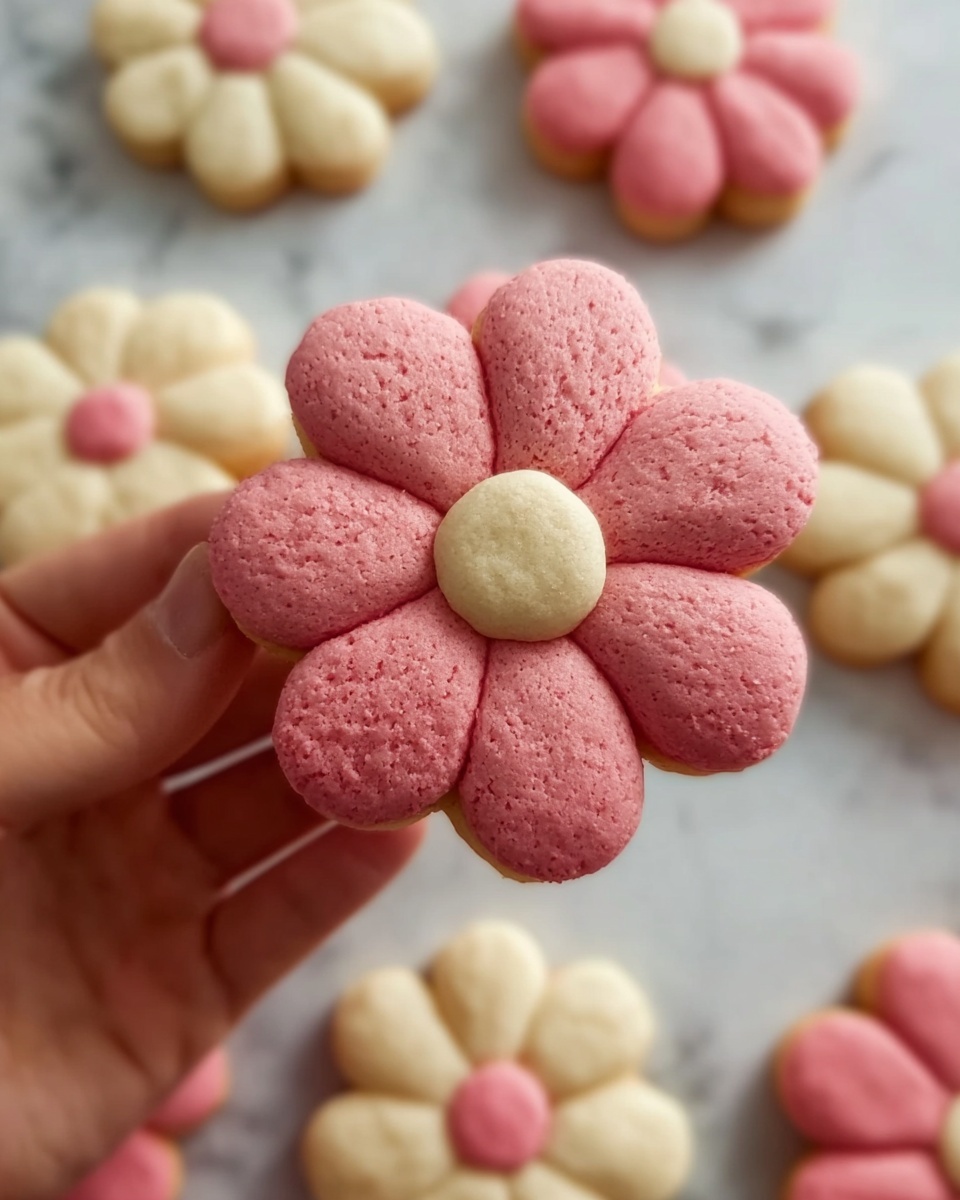 A close-up view of a flower-shaped cookie held by a woman's hand. The cookie has six rounded petals in a soft pink color with a slightly rough texture, and a small round center in light beige. In the background, there are more flower-shaped cookies placed on a white marbled surface, with some having cream-colored petals and pink centers. The focus is on the cookie in the woman's hand, with others blurred behind it. photo taken with an iphone --ar 4:5 --v 7