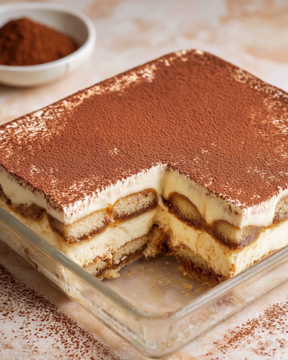 A glass square dish filled with a layered dessert showing three main layers: the bottom and middle layers are soaked light brown cake or biscuit with a soft texture, separated by two thick creamy off-white layers, topped with a smooth layer of cocoa powder dusted evenly across the surface. A corner piece is missing, revealing the neat layers inside. There is a blurred white marbled textured surface underneath the dish and a small round white bowl with dark brown cocoa powder sits softly blurred in the background. photo taken with an iphone --ar 4:5 --v 7