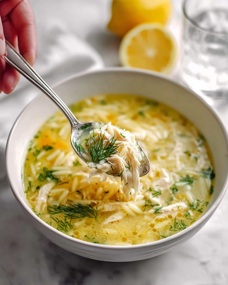 A close-up of a white bowl filled with warm chicken soup that has three main layers: a light yellow broth with tiny oil spots at the bottom, floating shredded white chicken pieces throughout, and small pale yellow orzo pasta mixed evenly in the soup. On top, green dill leaves float delicately, adding a fresh touch. A silver spoon held by a woman's hand lifts a scoop of soup showing the three layers clearly along with the dill. Two lemon halves and a glass of water sit blurred in the white marbled background. photo taken with an iphone --ar 4:5 --v 7