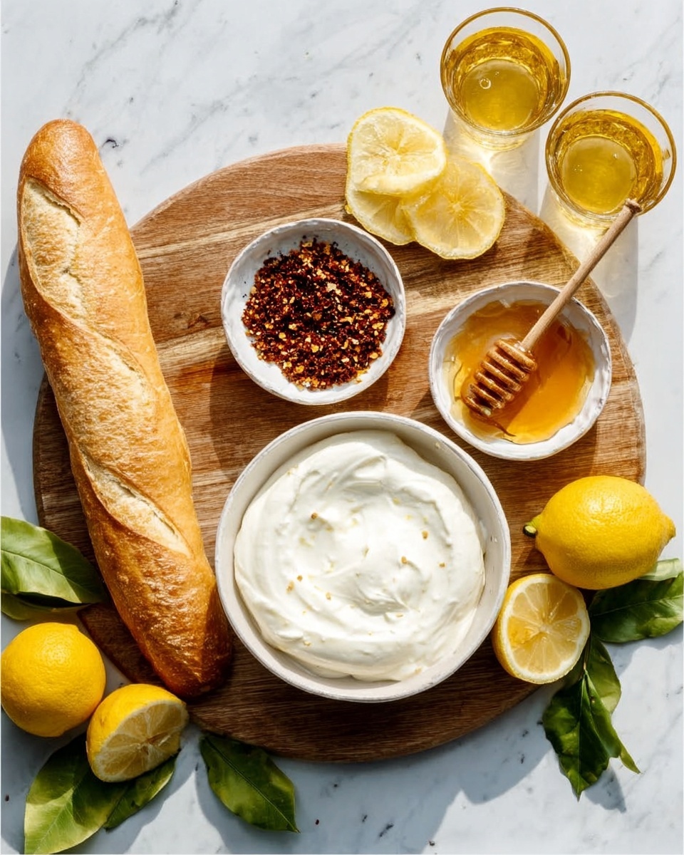A wooden board with a round shape holds several items on a white marbled surface. At the bottom of the board is a large white bowl filled with smooth, creamy white yogurt. Above it and slightly to the right is a small white bowl containing a dark, coarse mixture of spices with red and black bits. To the left of this small bowl is another small white bowl filled with honey, which has a wooden honey dipper resting inside, with the dipper handle extending outward. On the left side of the wooden board lies a long baguette with a light golden brown crust. Two lemon wedges are placed near the top right edge of the board, along with two clear glasses filled with a light golden liquid. A few bright yellow lemons and green leaves sit on the white marbled background next to the wooden board. Photo taken with an iphone --ar 4:5 --v 7