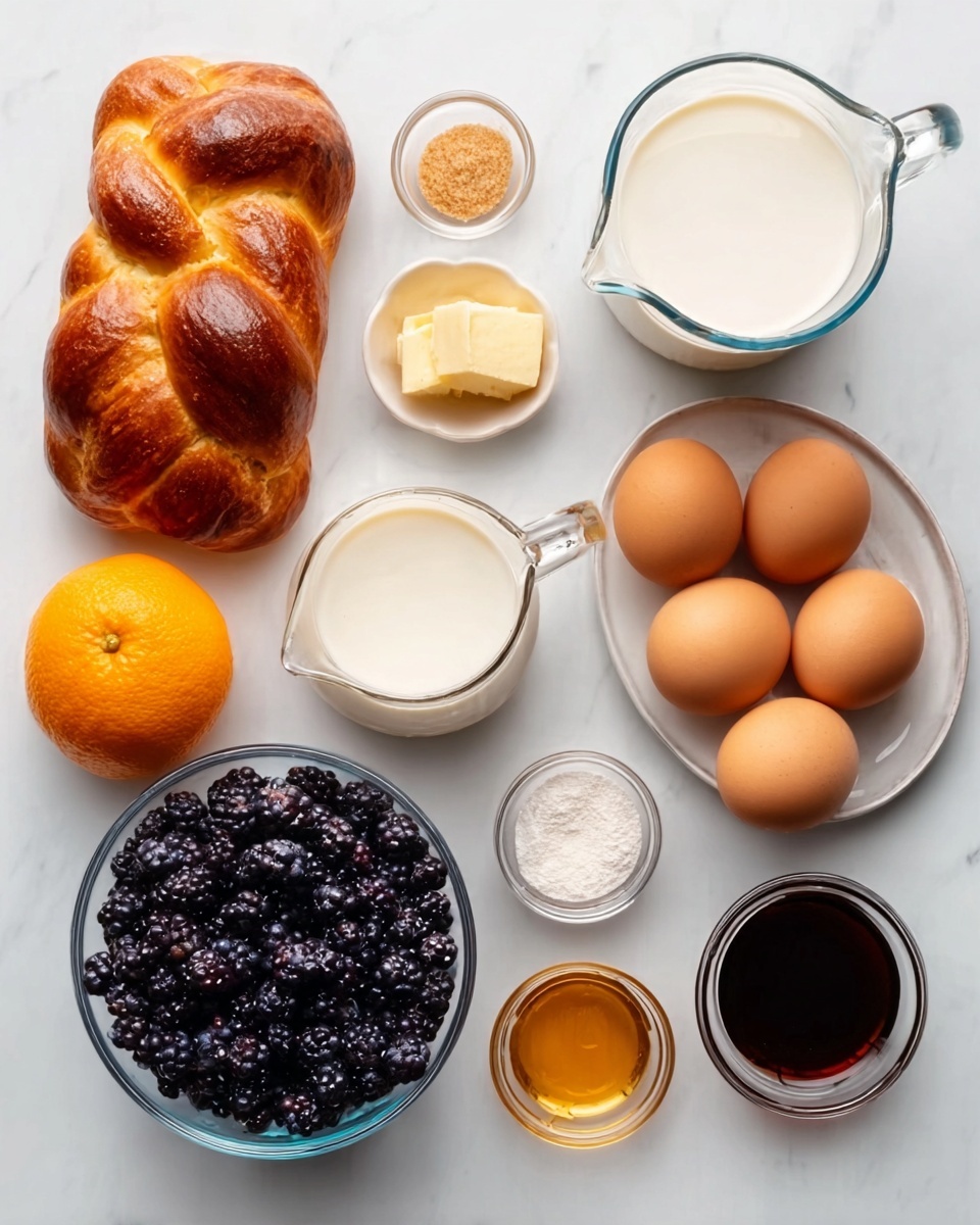 A white surface with a white marbled texture holds several ingredients neatly arranged. There is a small clear glass bowl filled with dark blueberries and a golden-brown braided loaf of bread sits to the left. Nearby are a whole orange, a small glass bowl of light brown sugar, and a small piece of butter. In the upper center, there are two clear measuring pitchers, one with white milk and the other with a white liquid. Five brown eggs are grouped together on the right side. There is also a small glass bowl of dark syrup, a small container of vanilla extract, and a tiny bowl holding a light brown powder. The scene looks clean and bright, with soft natural lighting. Photo taken with an iphone --ar 4:5 --v 7