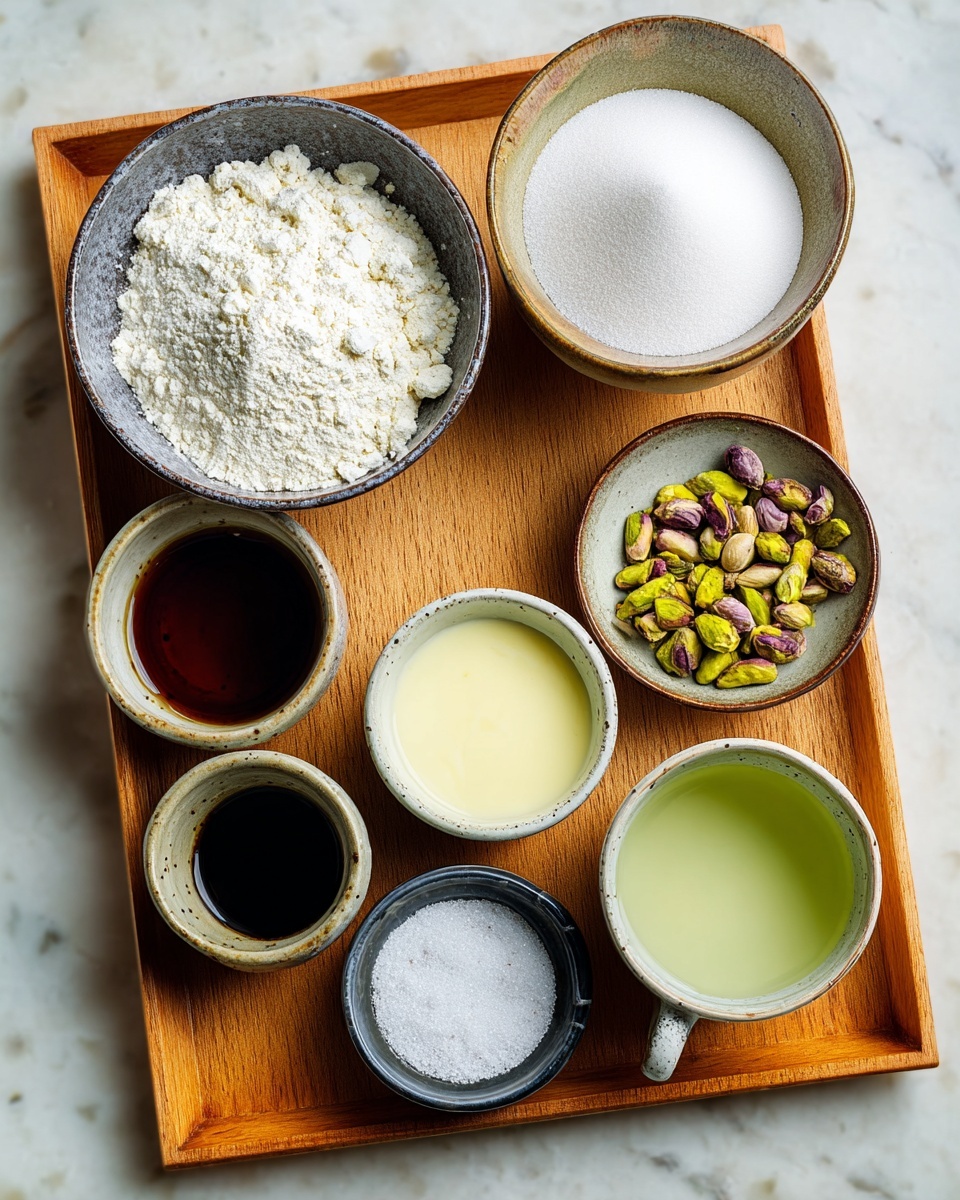 A wooden tray holds eight small ceramic bowls arranged neatly on a white marbled surface. The largest bowl at the top left is filled with white flour with a soft, powdery texture. To its right is a taller bowl filled with granulated white sugar, smooth and slightly sparkling. Below and near the center is a bowl filled with light yellow milk, smooth and creamy. The bowl to the right of the milk contains green and purple pistachio nuts, rough and uneven. Smaller bowls are placed around these: one has a dark brown liquid, thick and glossy; another has a black glossy liquid; a cup with a pale green tea with tiny specks floating inside; a small bowl with white baking powder, fluffy and fine; and a bowl with a thin transparent liquid. The setup is clean, colorful, and well organized, photo taken with an iphone --ar 4:5 --v 7