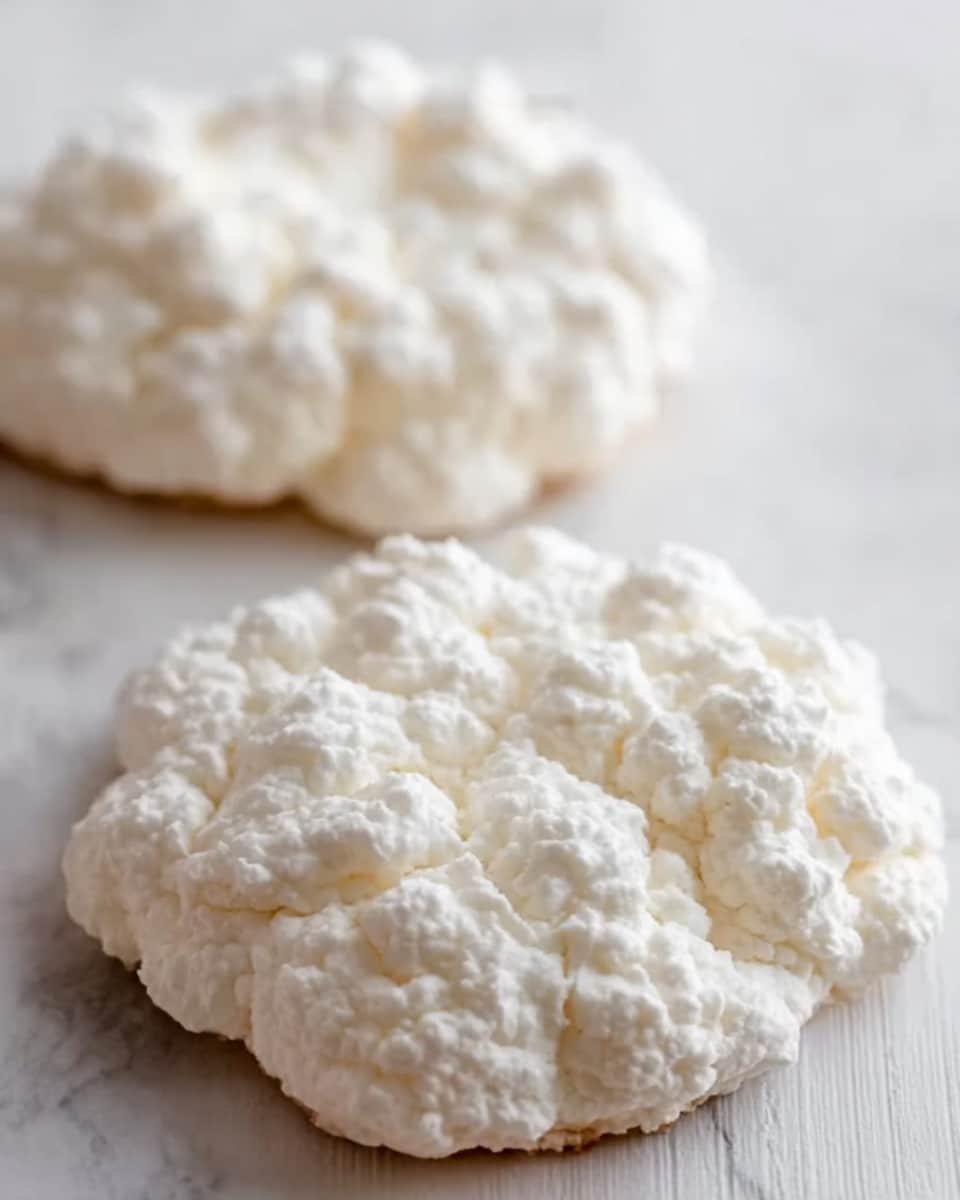 The image shows two round, puffy, white cloud-like mounds on a white marbled surface. The mounds have a bumpy, uneven texture with small and large lumps, giving them a soft, airy look. The one in the back is slightly out of focus, while the front one shows some small cracks on the surface. Both are placed flat on the surface with some space between them. The background is clear and light, emphasizing the texture and shape of the mounds. Photo taken with an iphone --ar 4:5 --v 7