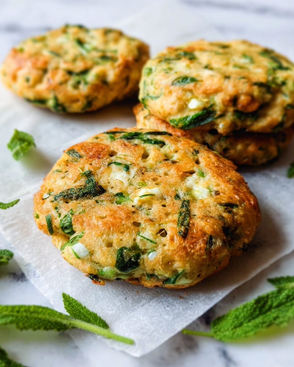 Three round, lightly browned patties with visible green herbs and small white bits sit on a piece of white paper. The patties have a slightly rough texture with some small holes and golden spots on top, with leafy green herbs mixed inside. The paper is placed on a white marbled surface, and scattered fresh herb leaves are around the patties. photo taken with an iphone --ar 4:5 --v 7