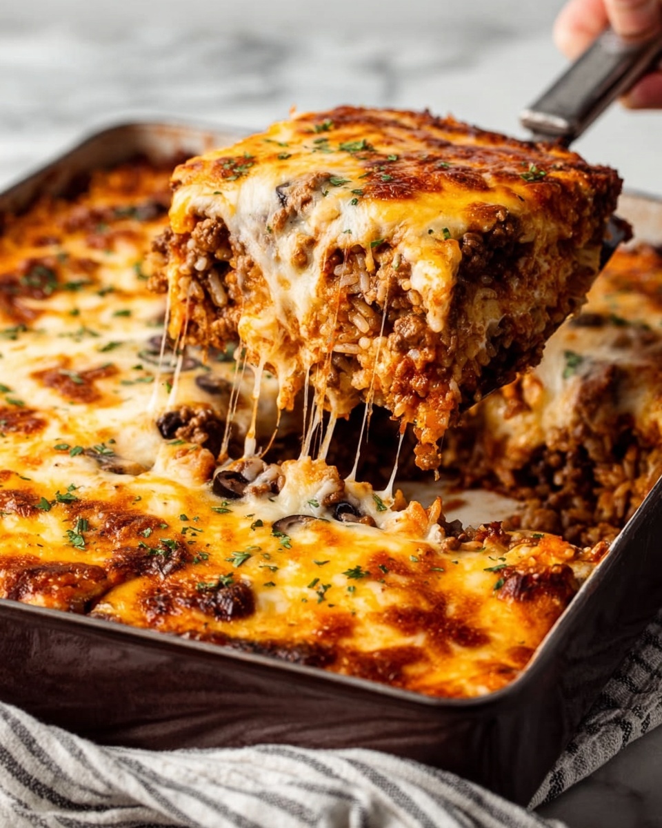 The image shows a close-up of a cheesy casserole dish being lifted with a spatula, revealing three visible layers: a golden brown melted cheese layer on top with some darker toasted spots, beneath it a thick layer of cooked ground meat mixed with black olives and herbs, and at the bottom, a dense base layer that looks like tightly packed rice or grains. The casserole is in a dark baking dish placed on a white marbled surface with a striped towel nearby. The texture of the cheese is stringy and melted, pulling apart as the woman's hand lifts the slice. photo taken with an iphone --ar 4:5 --v 7