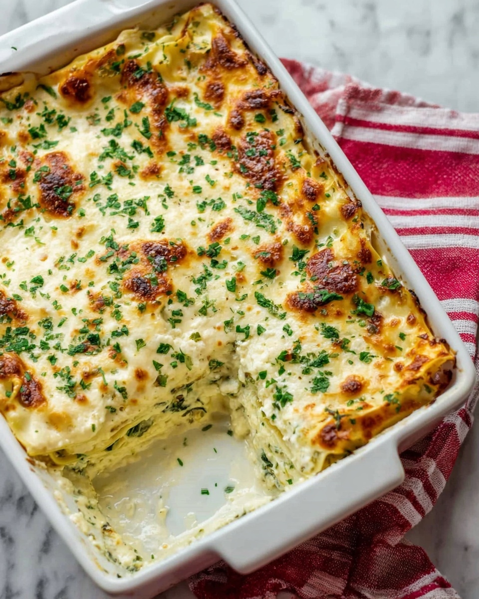 A white rectangular baking dish filled with a creamy lasagna that has a golden brown, slightly bubbled cheese layer on top, sprinkled evenly with fresh green herbs. One portion is missing from the corner, showing four visible layers of pasta sheets separated by creamy white sauce mixed with green leafy vegetables, and more melted cheese between layers. The dish is placed on a red and white striped cloth on a white marbled surface. Photo taken with an iphone --ar 4:5 --v 7