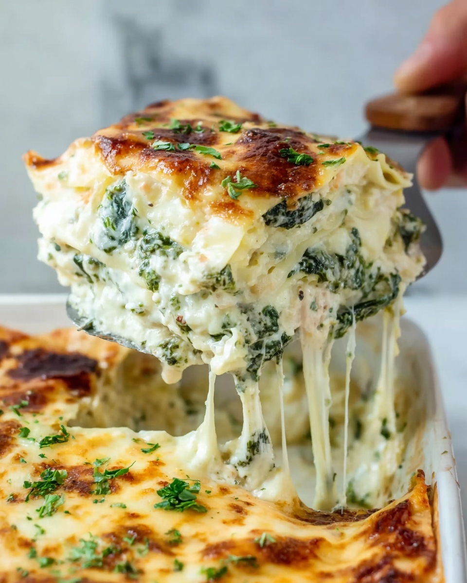 A close-up view of a thick slice of spinach lasagna being lifted, showing three creamy layers. The top layer is melted cheese browned in spots with green spinach pieces scattered throughout. The middle layer looks soft and cheesy mixed with visible spinach and ricotta. The bottom layer is creamy and thick with a similar mix of cheese and greens. The lasagna slice has stringy cheese stretching as it is lifted by a woman's hand with a spatula. The dish is in a white baking dish on a white marbled surface. Photo taken with an iphone --ar 4:5 --v 7