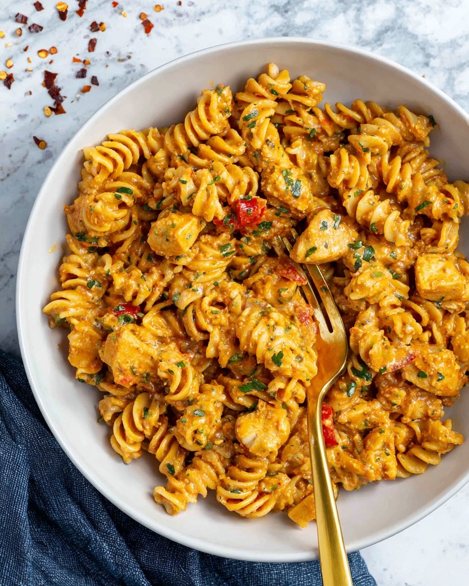 A white bowl holds a serving of twisted rotini pasta mixed with chunks of golden-brown chicken and small pieces of red bell pepper, all coated in a creamy orange sauce with green herbs sprinkled throughout. A golden fork rests inside the bowl on the upper right side, slightly buried in the pasta. The bowl is placed on a surface with a white marbled texture and a dark blue cloth is partially visible at the bottom left edge. Tiny red chili flakes are scattered around the bowl. Photo taken with an iphone --ar 4:5 --v 7